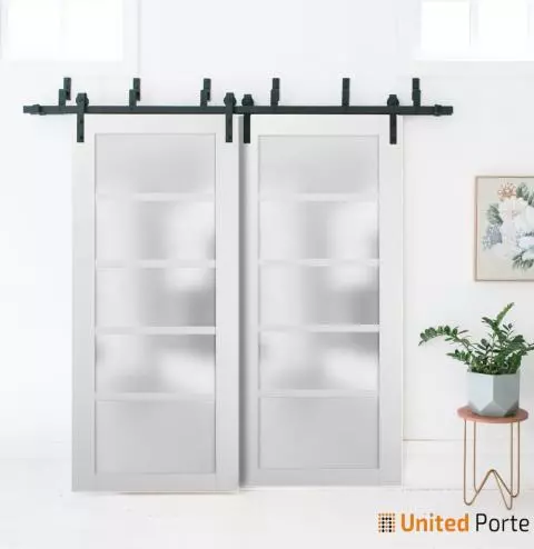 Top Mount 13FT Rail Sturdy Set Kitchen Lite Wooden Solid Panel Interior Bedroom Bathroom Door Sliding Double Barn Doors 48 x 84 with Hardware Quadro 4002 White Silk with Frosted Opaque Glass 