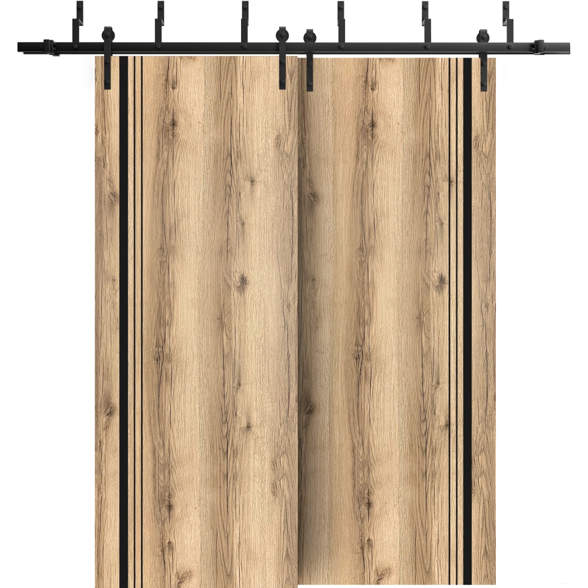 Barn Bypass Doors with 6.6ft Hardware | Planum 0011 Concrete and Aluminum Strips | Sturdy Heavy Duty Rails Kit Steel Set | Double Sliding Door-56" x 84" (2* 28x84) Oak