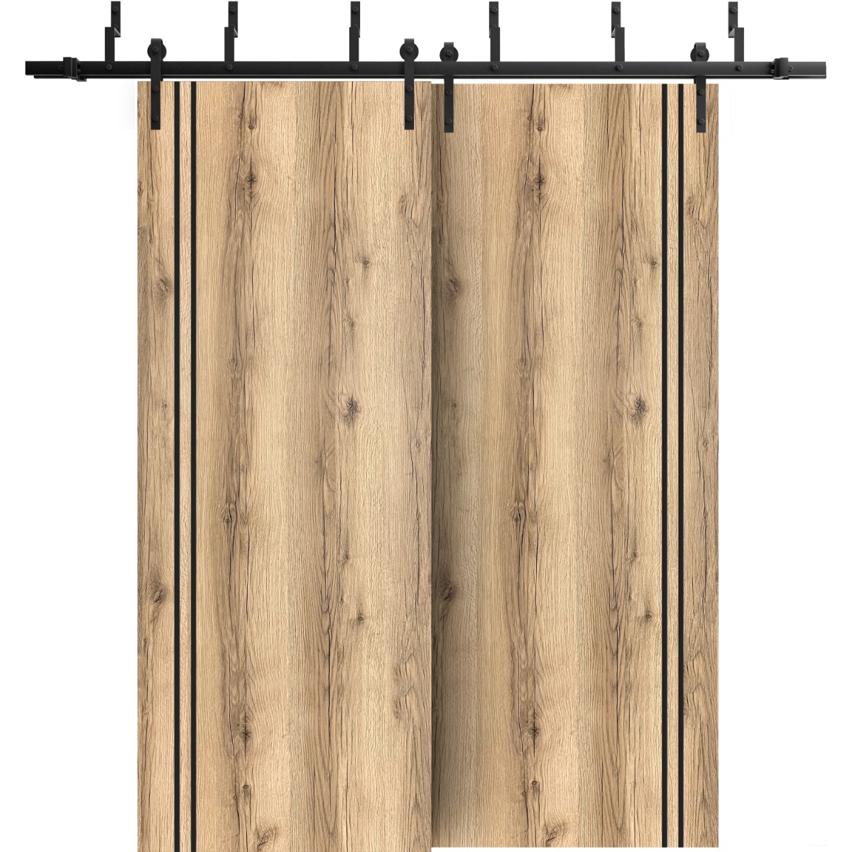 Barn Bypass Doors with 6.6ft Hardware | Planum 0016 Natural Veneer and Aluminum Strips | Sturdy Heavy Duty Rails Kit Steel Set | Double Sliding Door-48" x 96" (2* 24x96) Oak