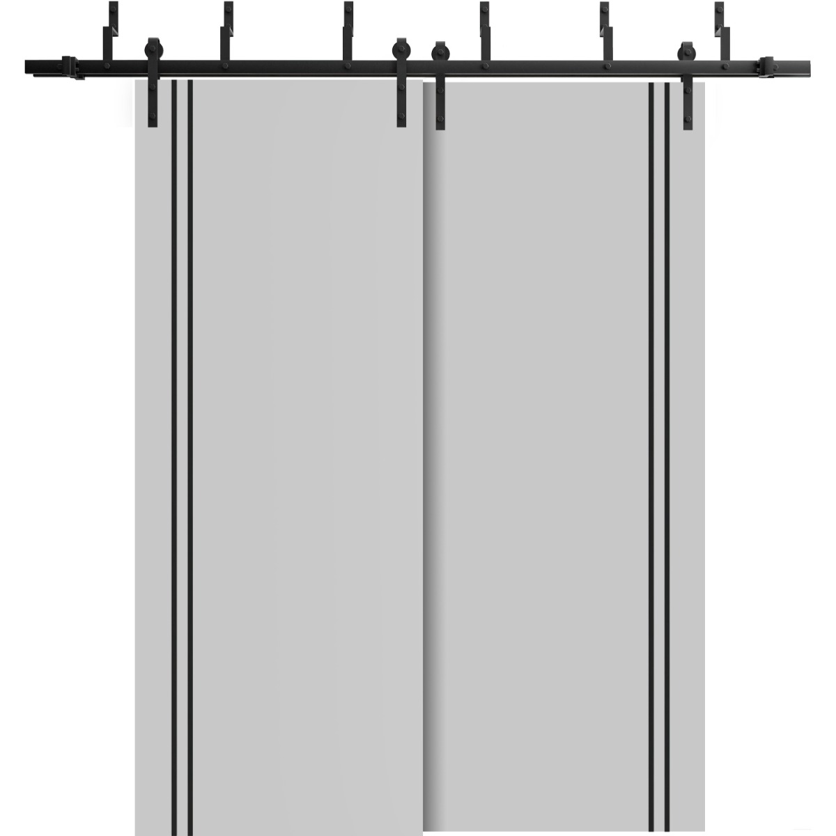 Barn Bypass Doors with 6.6ft Hardware | Planum 0016 Natural Veneer and Aluminum Strips | Sturdy Heavy Duty Rails Kit Steel Set | Double Sliding Door-48" x 96" (2* 24x96) Matte Grey