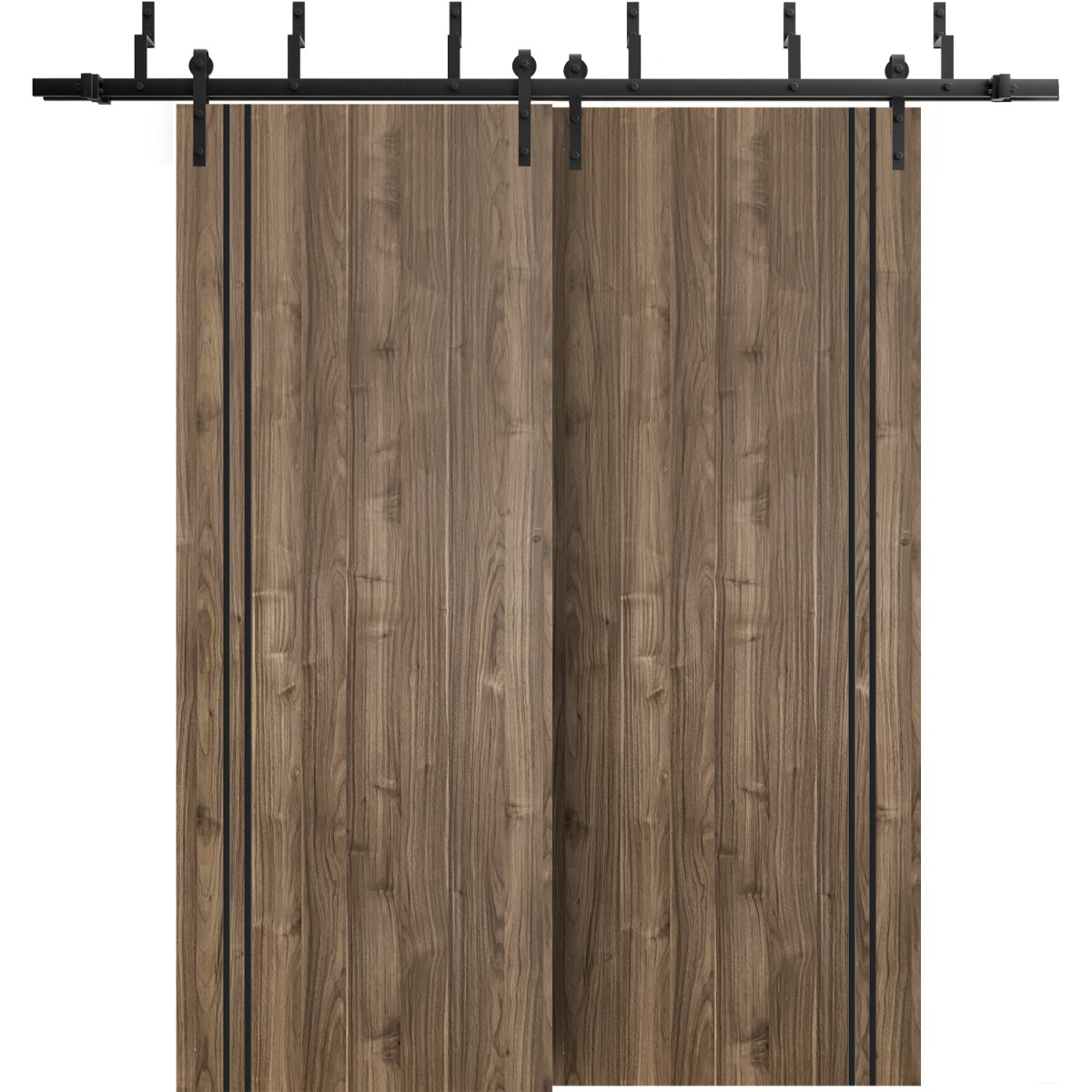 Barn Bypass Doors with 6.6ft Hardware | Planum 0016 Natural Veneer and Aluminum Strips | Sturdy Heavy Duty Rails Kit Steel Set | Double Sliding Door-48" x 96" (2* 24x96) Walnut