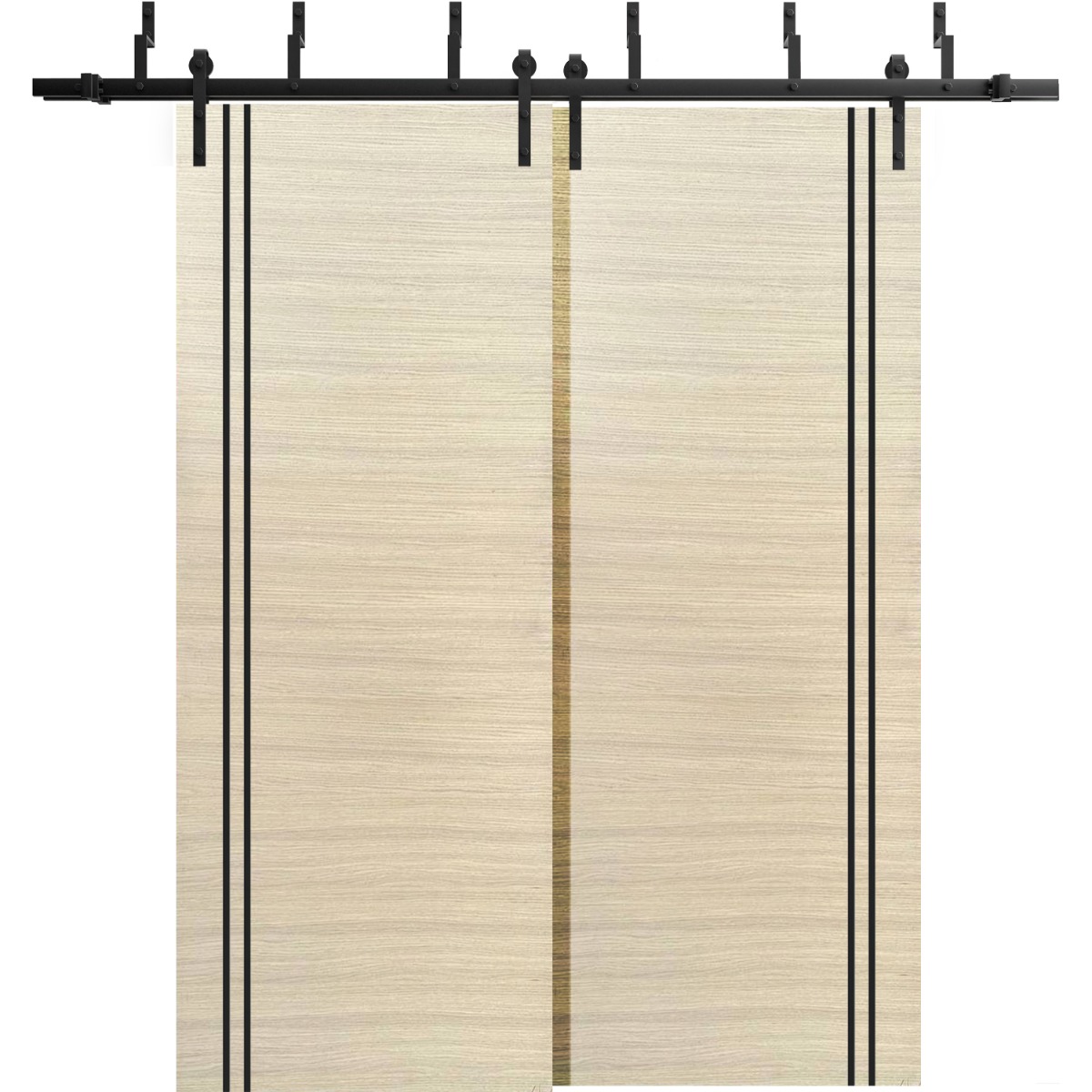 Barn Bypass Doors with 6.6ft Hardware | Planum 0016 Natural Veneer and Aluminum Strips | Sturdy Heavy Duty Rails Kit Steel Set | Double Sliding Door-48" x 96" (2* 24x96) Natural Veneer