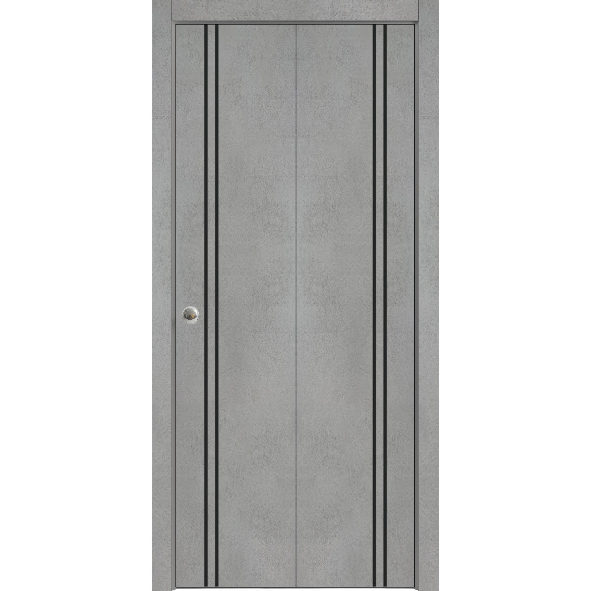 Sliding Closet Bi-fold Doors | Planum 0016 Concrete and Aluminum Strips | Sturdy Tracks Moldings Trims Hardware Set | Wood Solid Bedroom Wardrobe Doors Concrete