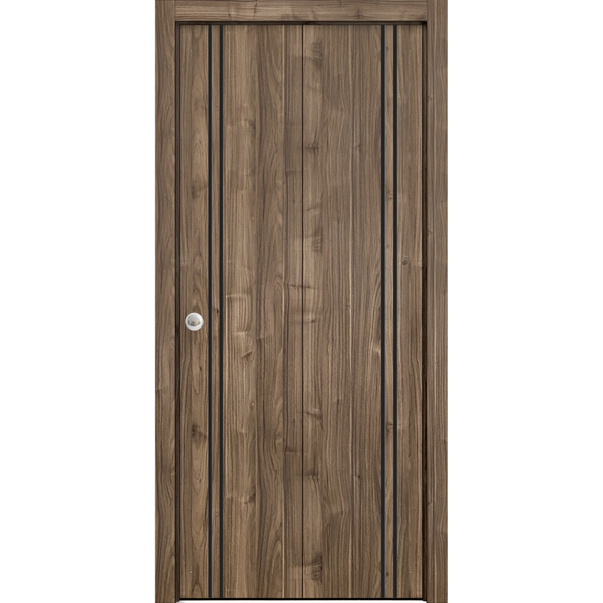 Sliding Closet Bi-fold Doors | Planum 0016 Concrete and Aluminum Strips | Sturdy Tracks Moldings Trims Hardware Set | Wood Solid Bedroom Wardrobe Doors Walnut