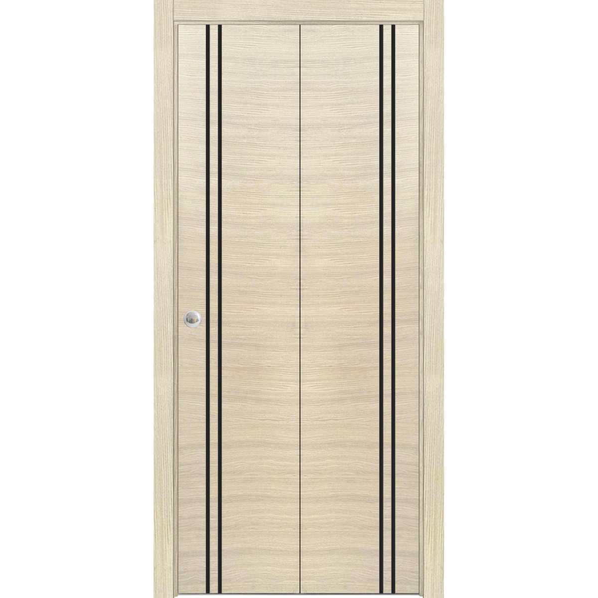 Sliding Closet Bi-fold Doors | Planum 0016 Concrete and Aluminum Strips | Sturdy Tracks Moldings Trims Hardware Set | Wood Solid Bedroom Wardrobe Doors Natural Veneer