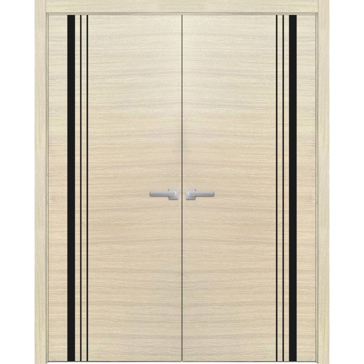 Planum Solid French Double Doors | Planum 0011 Concrete and Aluminum Strips | Wood Solid Panel Frame Trims | Closet Bedroom Sturdy Doors Natural Veneer