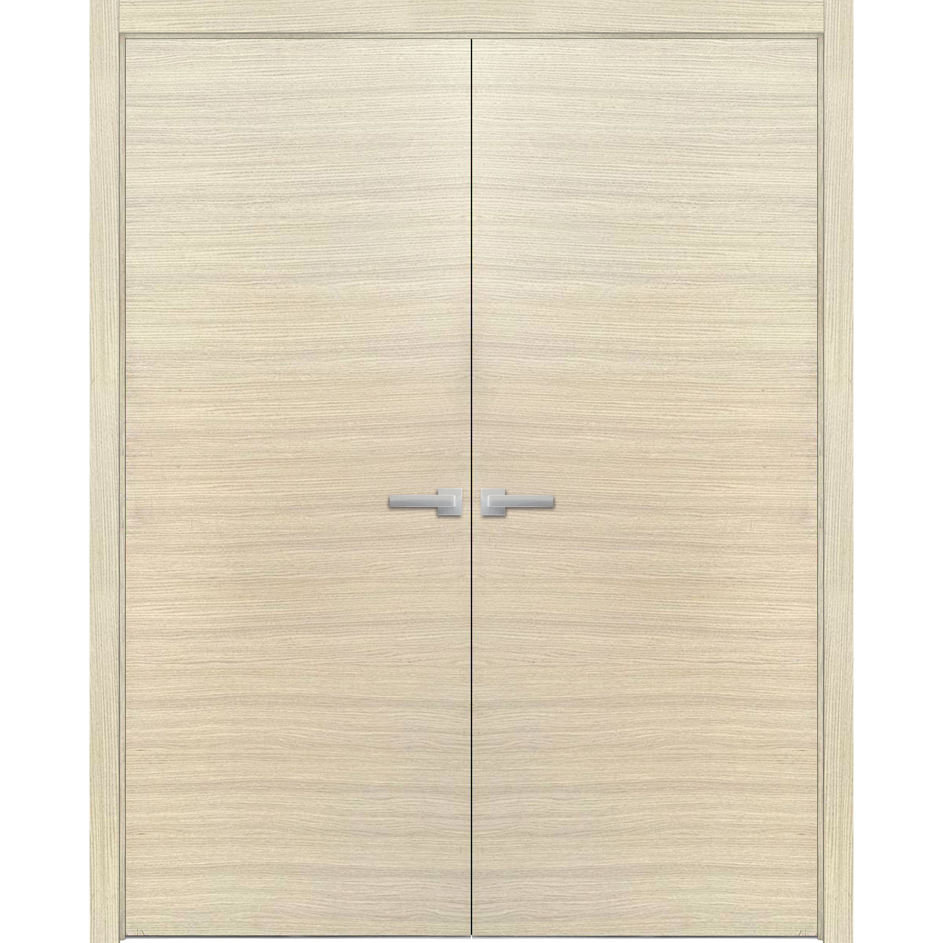 Solid French Double Doors | Planum 0010 White Silk | Wood Solid Panel Frame Trims | Closet Bedroom-72" x 84" (2* 36x84) Natural Veneer