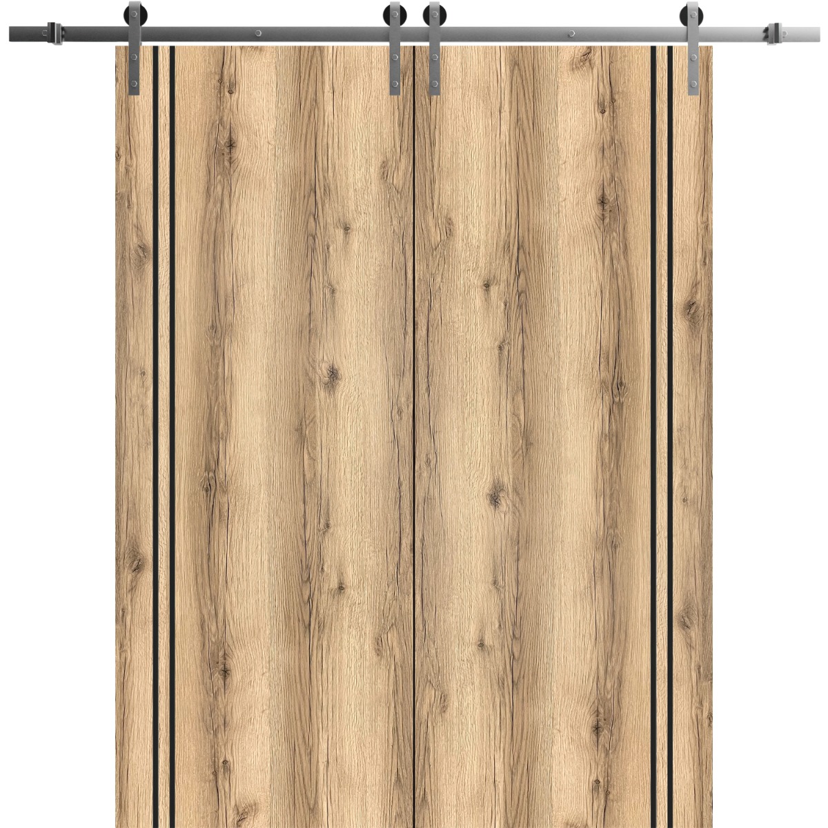 Sliding Double Barn Doors with Hardware | Planum 0016 Natural Veneer and Aluminum Strips | 13FT Rail Hangers Sturdy Set | Modern Solid Panel Interior Hall Bedroom Bathroom Door-56" x 84" (2* 28x84) Oak