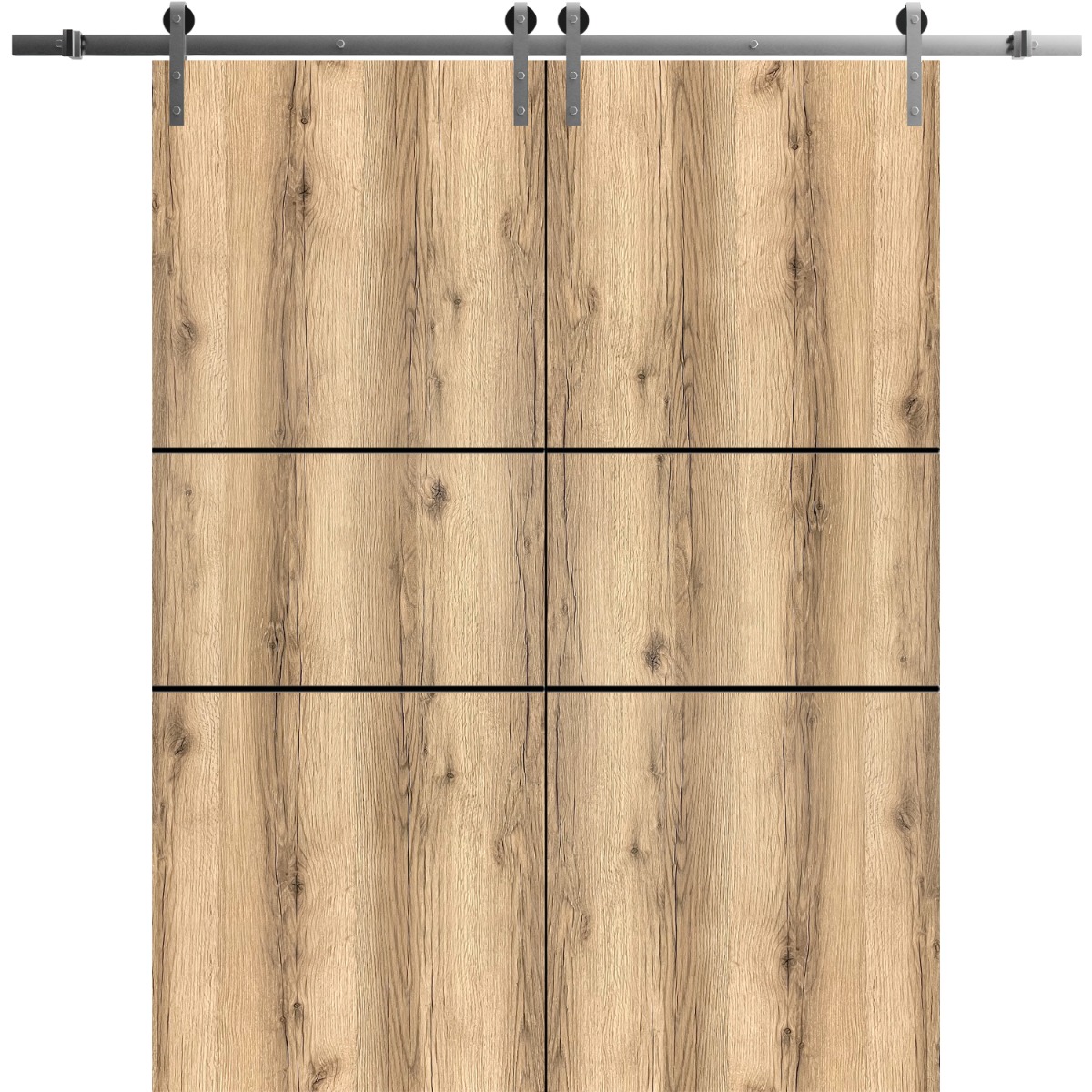 Sliding Double Barn Doors with Hardware | Planum 0014 Natural Veneer and Aluminum Strips | 13FT Rail Hangers Sturdy Set | Modern Solid Panel Interior Hall Bedroom Bathroom Door-84" x 84" (2* 42x96) Oak