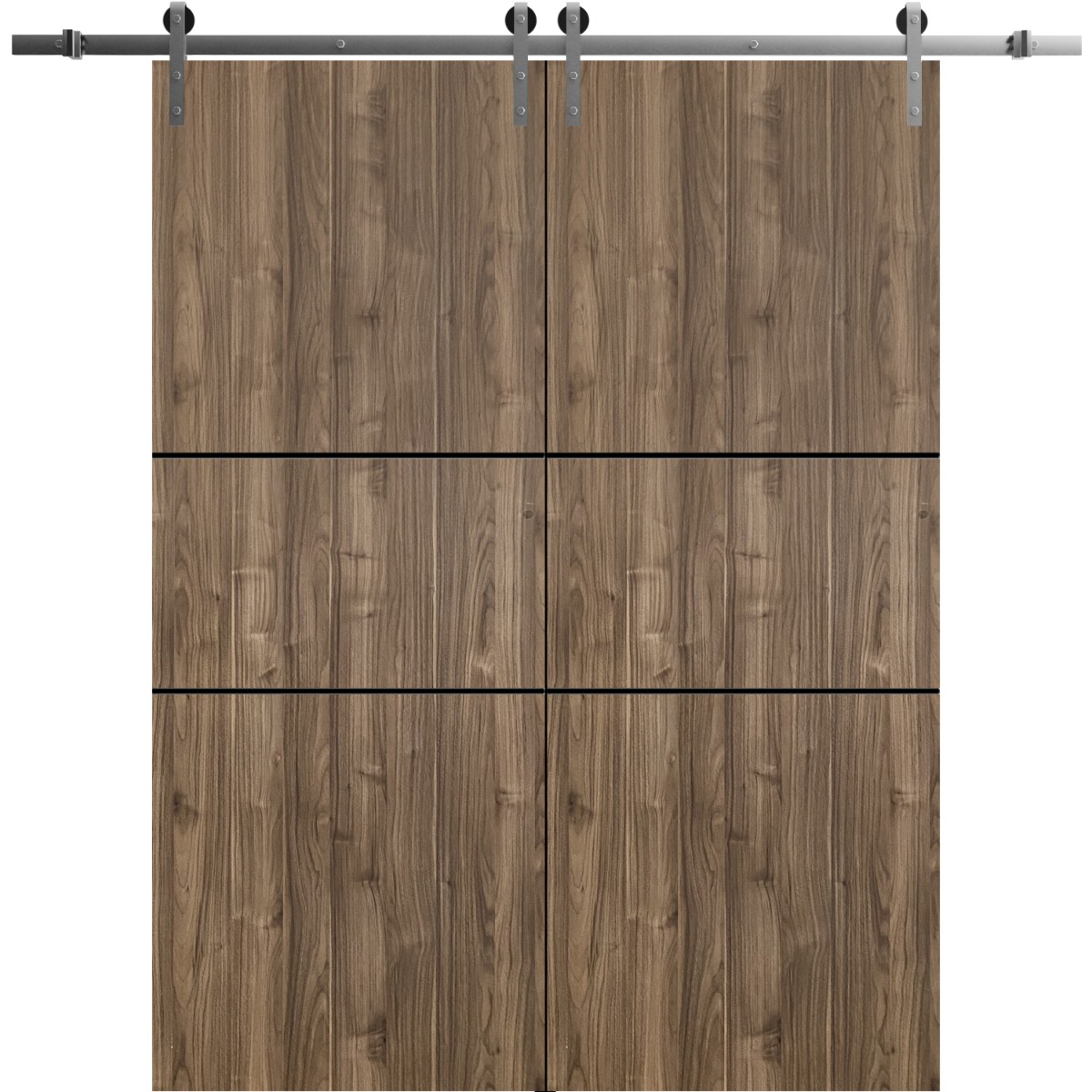 Sliding Double Barn Doors with Hardware | Planum 0014 Natural Veneer and Aluminum Strips | 13FT Rail Hangers Sturdy Set | Modern Solid Panel Interior Hall Bedroom Bathroom Door-84" x 84" (2* 42x96) Walnut