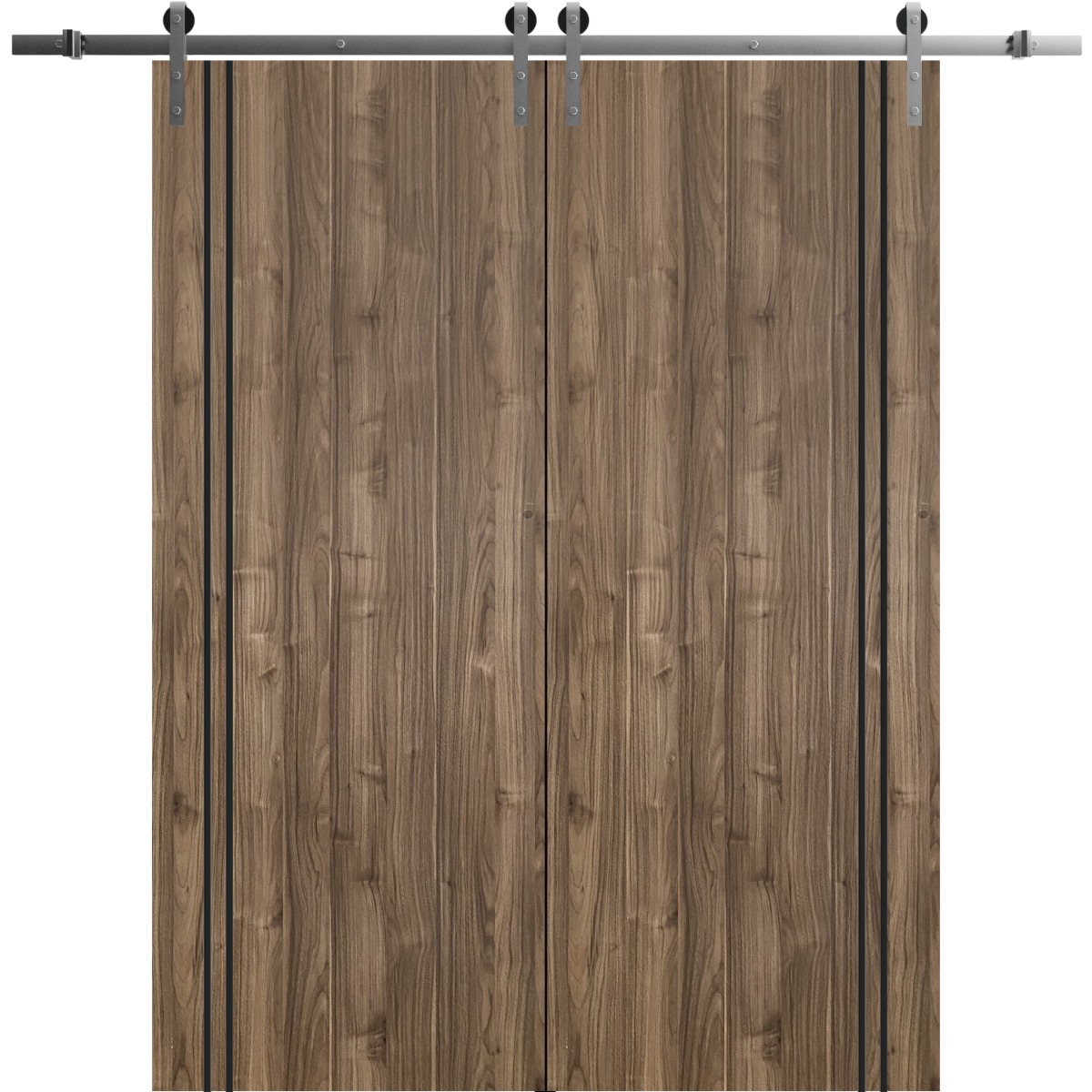 Sliding Double Barn Doors with Hardware | Planum 0016 Natural Veneer and Aluminum Strips | 13FT Rail Hangers Sturdy Set | Modern Solid Panel Interior Hall Bedroom Bathroom Door-56" x 84" (2* 28x84) Walnut