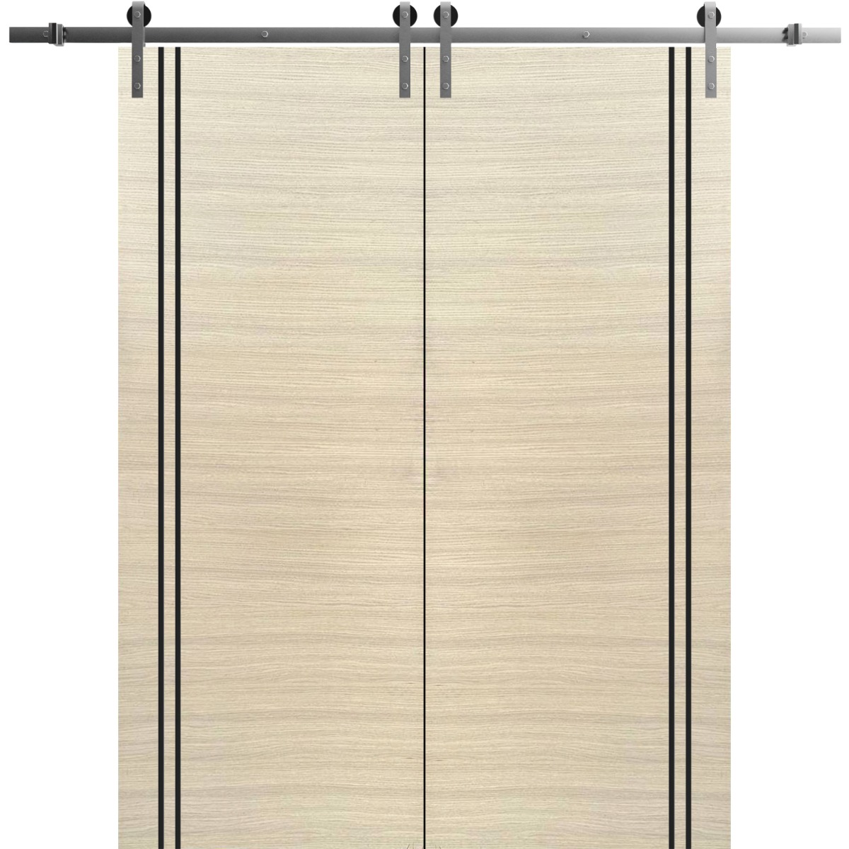 Sliding Double Barn Doors with Hardware | Planum 0016 Natural Veneer and Aluminum Strips | 13FT Rail Hangers Sturdy Set | Modern Solid Panel Interior Hall Bedroom Bathroom Door-56" x 84" (2* 28x84) Natural Veneer