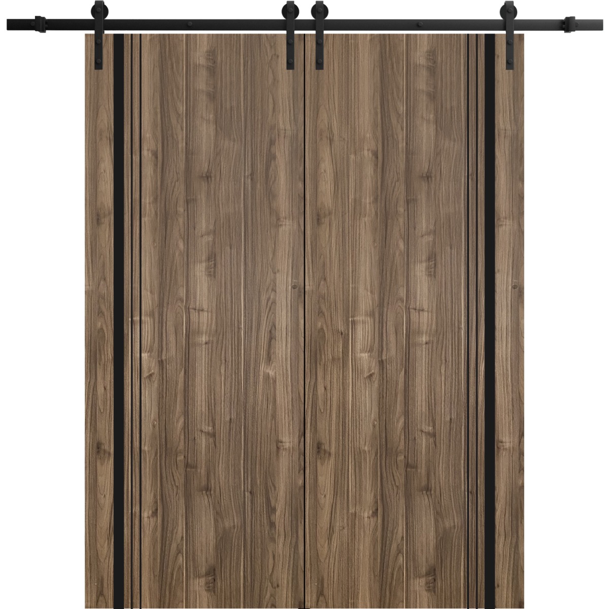 Sliding Double Barn Doors with Hardware | Planum 0011 Walnut and Aluminum Strips | 13FT Rail Hangers Sturdy Set | Modern Solid Panel Interior Hall Bedroom Bathroom Door Walnut