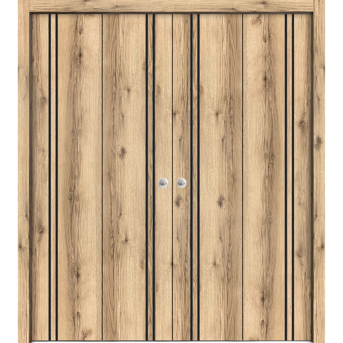 Sliding Closet Double Bi-fold Doors | Planum 0016 Walnut and Aluminum Strips | Sturdy Tracks Moldings Trims Hardware Set | Wood Solid Bedroom Wardrobe Doors Oak