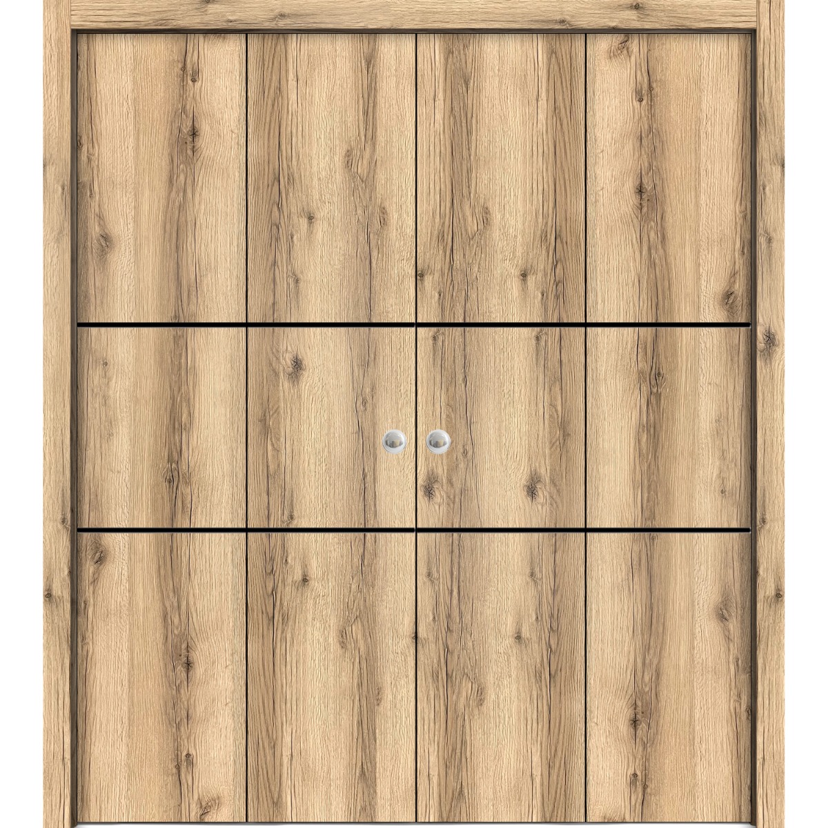 Sliding Closet Double Bi-fold Doors | Planum 0014 Matte Grey and Aluminum Strips | Sturdy Tracks Moldings Trims Hardware Set | Wood Solid Bedroom Wardrobe Doors Oak