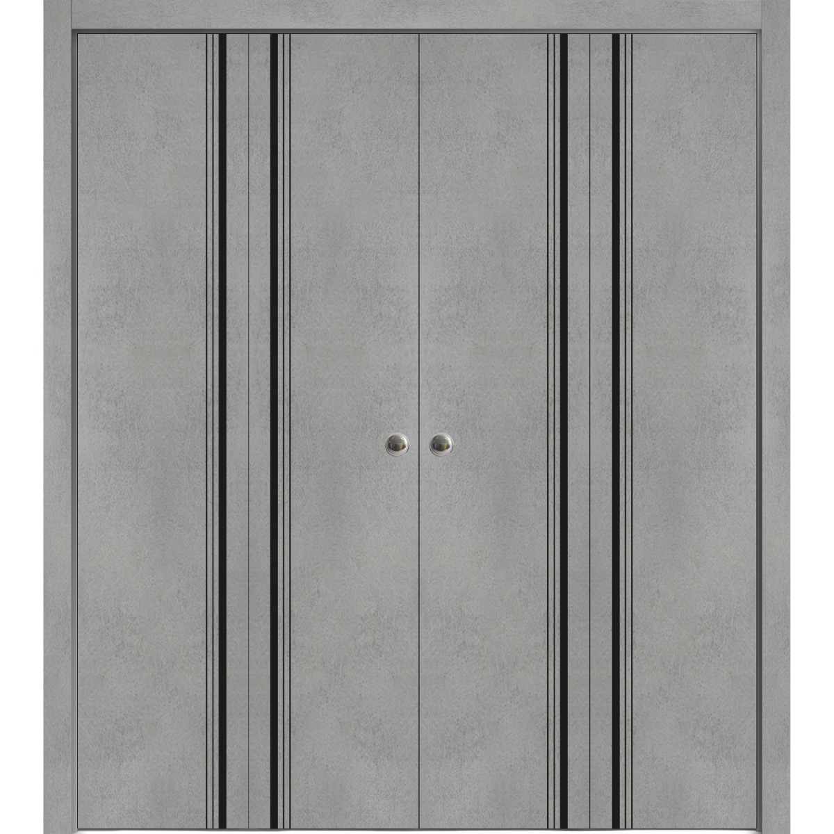 Sliding Closet Double Bi-fold Doors | Planum 0011 White Silk and Aluminum Strips | Sturdy Tracks Moldings Trims Hardware Set | Wood Solid Bedroom Wardrobe Doors Concrete