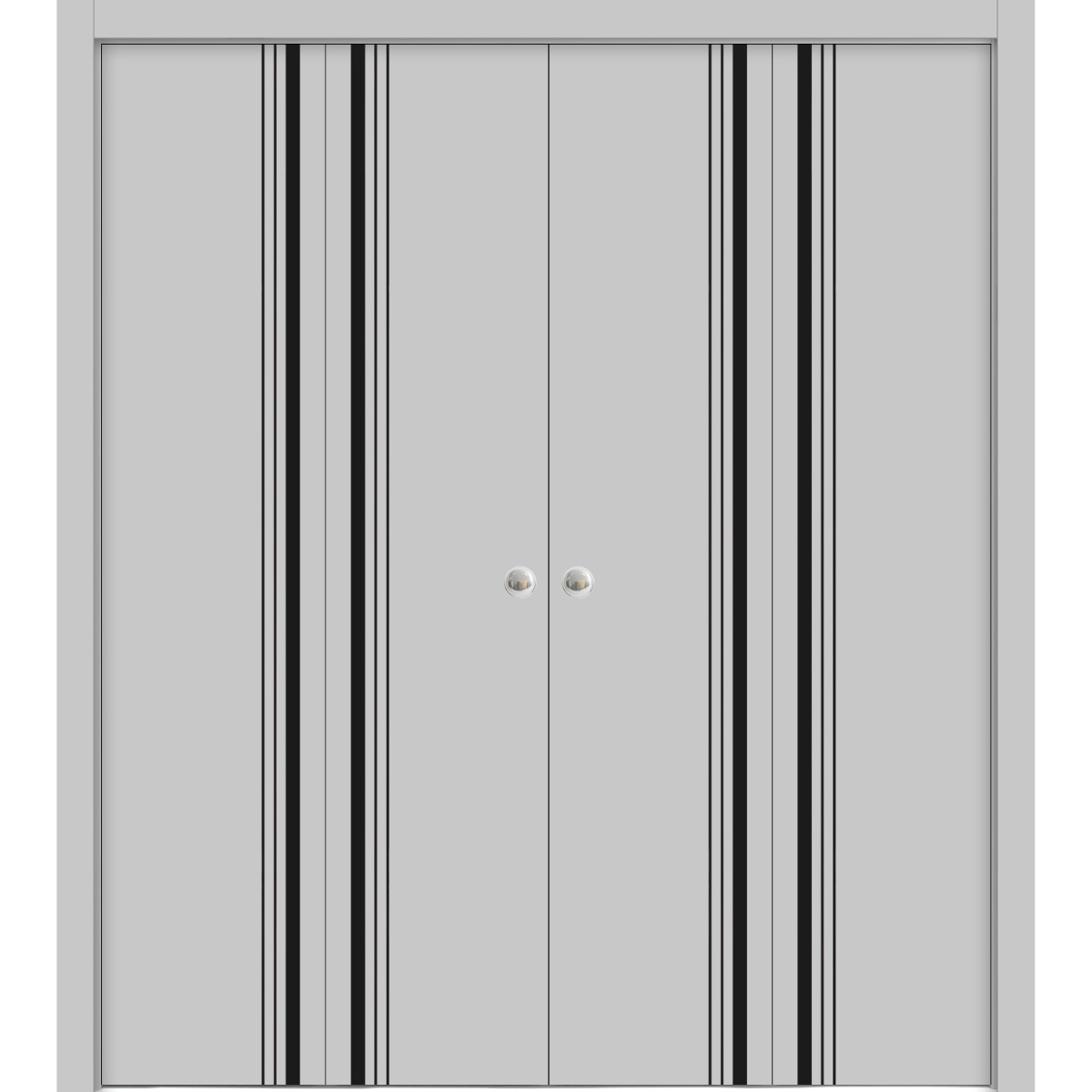 Sliding Closet Double Bi-fold Doors | Planum 0011 White Silk and Aluminum Strips | Sturdy Tracks Moldings Trims Hardware Set | Wood Solid Bedroom Wardrobe Doors Matte Grey