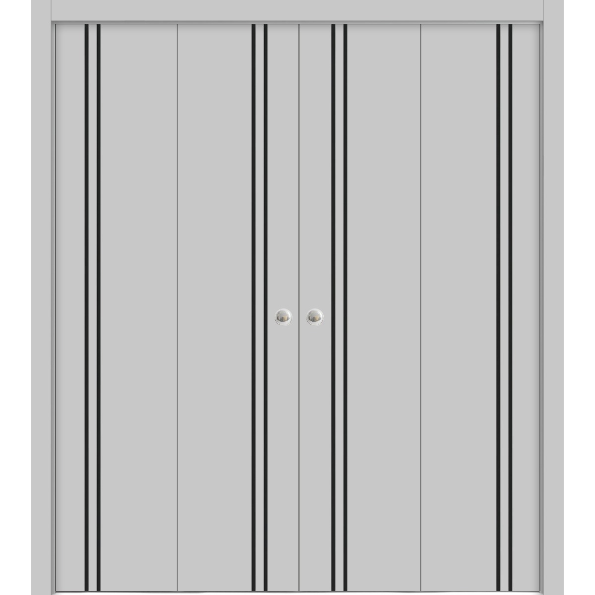 Sliding Closet Double Bi-fold Doors | Planum 0016 Walnut and Aluminum Strips | Sturdy Tracks Moldings Trims Hardware Set | Wood Solid Bedroom Wardrobe Doors Matte Grey