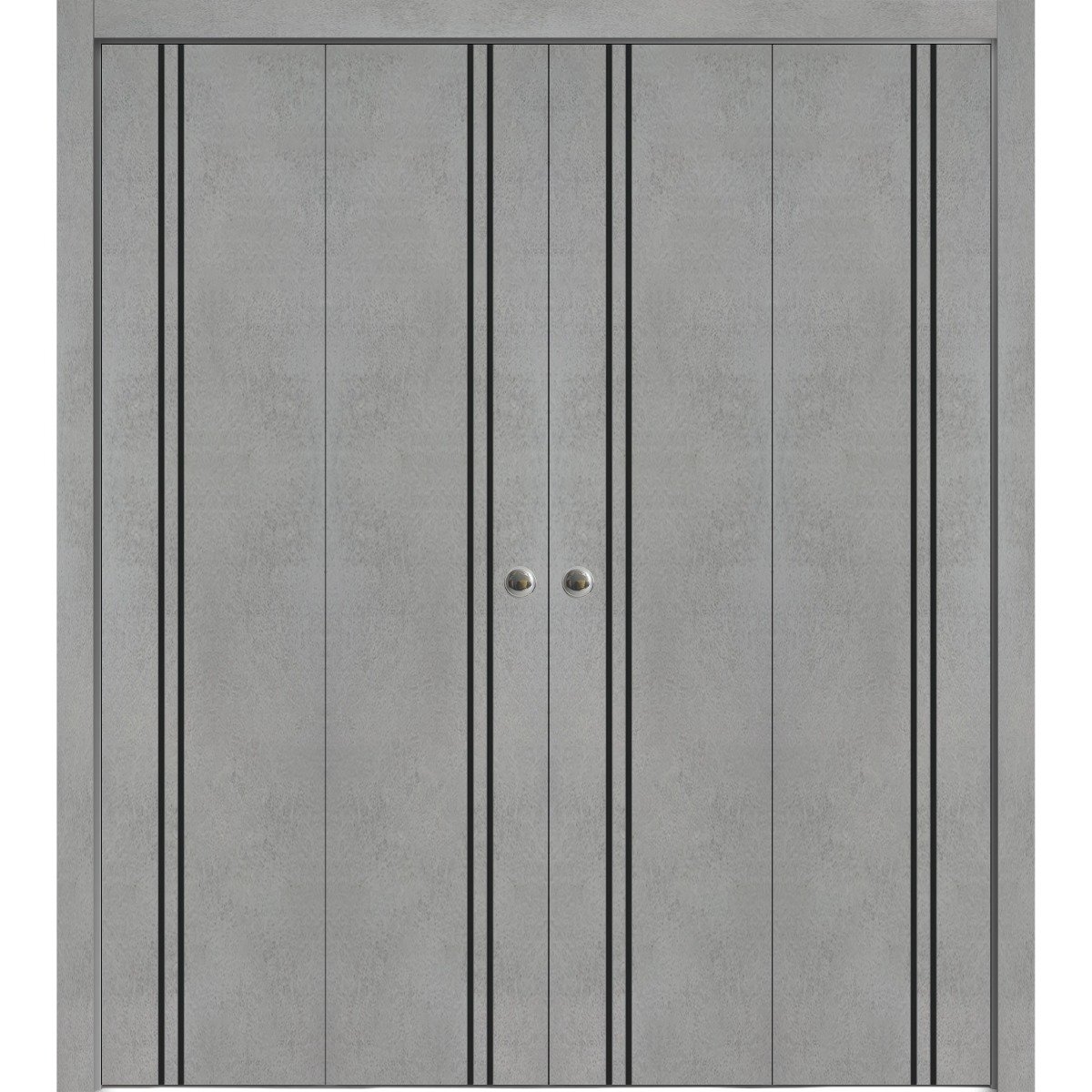 Sliding Closet Double Bi-fold Doors | Planum 0016 Walnut and Aluminum Strips | Sturdy Tracks Moldings Trims Hardware Set | Wood Solid Bedroom Wardrobe Doors Concrete
