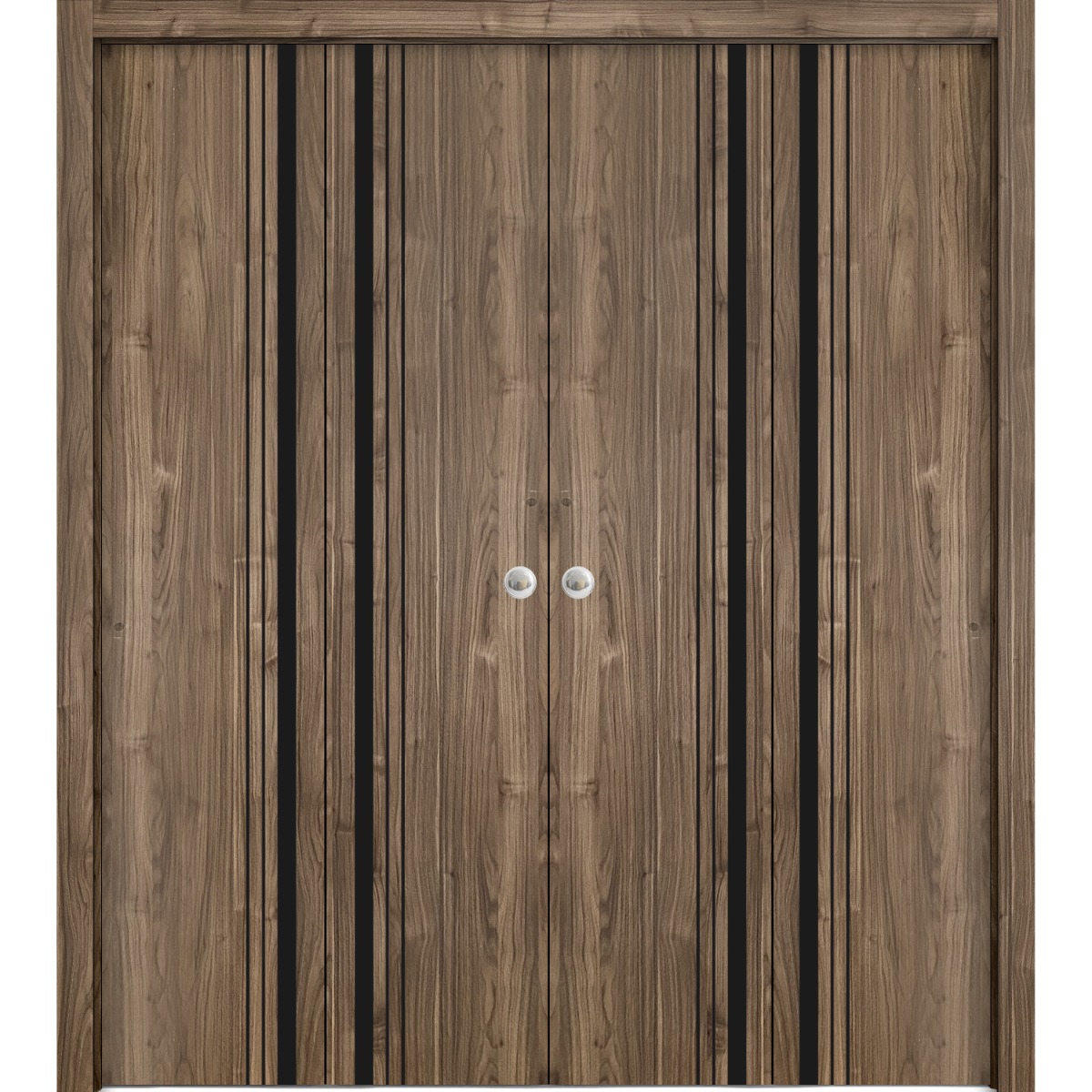 Sliding Closet Double Bi-fold Doors | Planum 0011 White Silk and Aluminum Strips | Sturdy Tracks Moldings Trims Hardware Set | Wood Solid Bedroom Wardrobe Doors Walnut