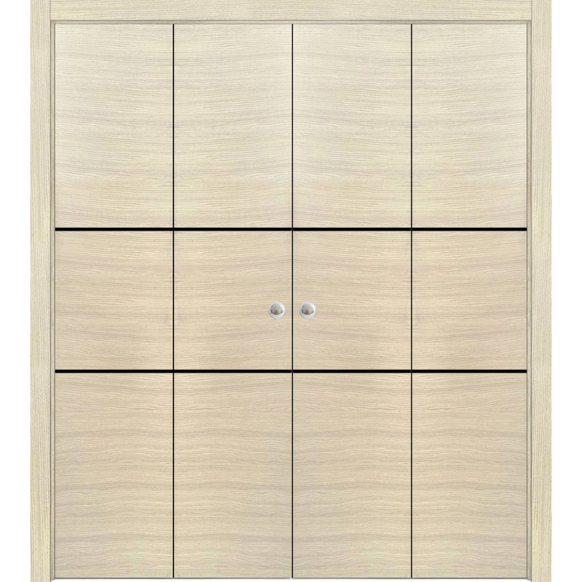 Sliding Closet Double Bi-fold Doors | Planum 0014 Matte Grey and Aluminum Strips | Sturdy Tracks Moldings Trims Hardware Set | Wood Solid Bedroom Wardrobe Doors Natural Veneer