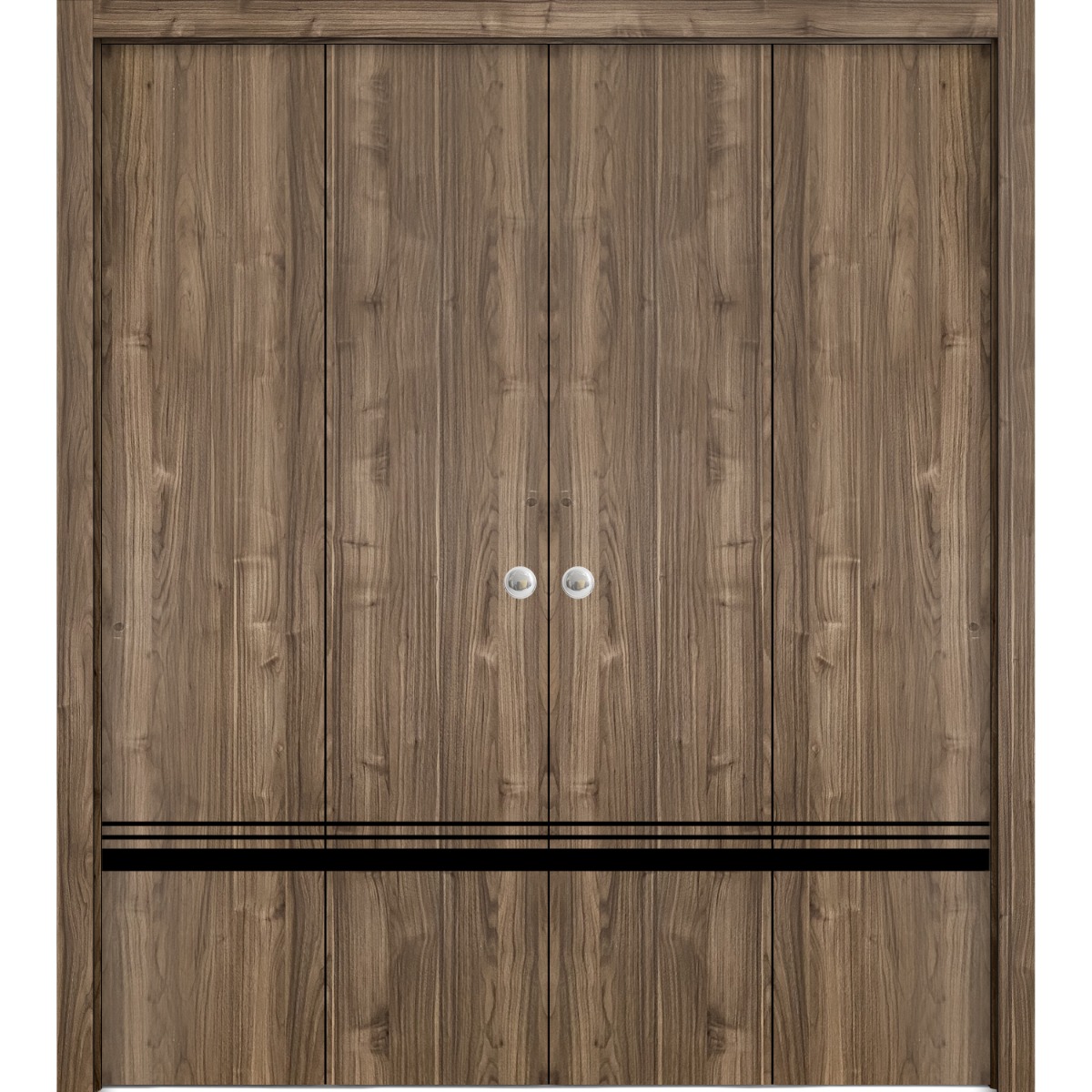 Sliding Closet Double Bi-fold Doors | Planum 0012 Ginger Ash and Aluminum Strips | Sturdy Tracks Moldings Trims Hardware Set | Wood Solid Bedroom Wardrobe Doors Walnut