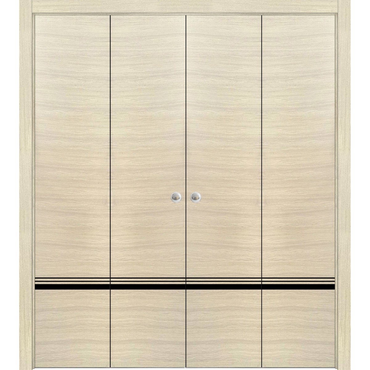 Sliding Closet Double Bi-fold Doors | Planum 0012 Ginger Ash and Aluminum Strips | Sturdy Tracks Moldings Trims Hardware Set | Wood Solid Bedroom Wardrobe Doors Natural Veneer