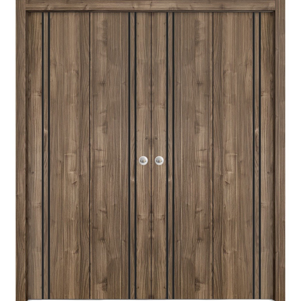 Sliding Closet Double Bi-fold Doors | Planum 0016 Walnut and Aluminum Strips | Sturdy Tracks Moldings Trims Hardware Set | Wood Solid Bedroom Wardrobe Doors Walnut
