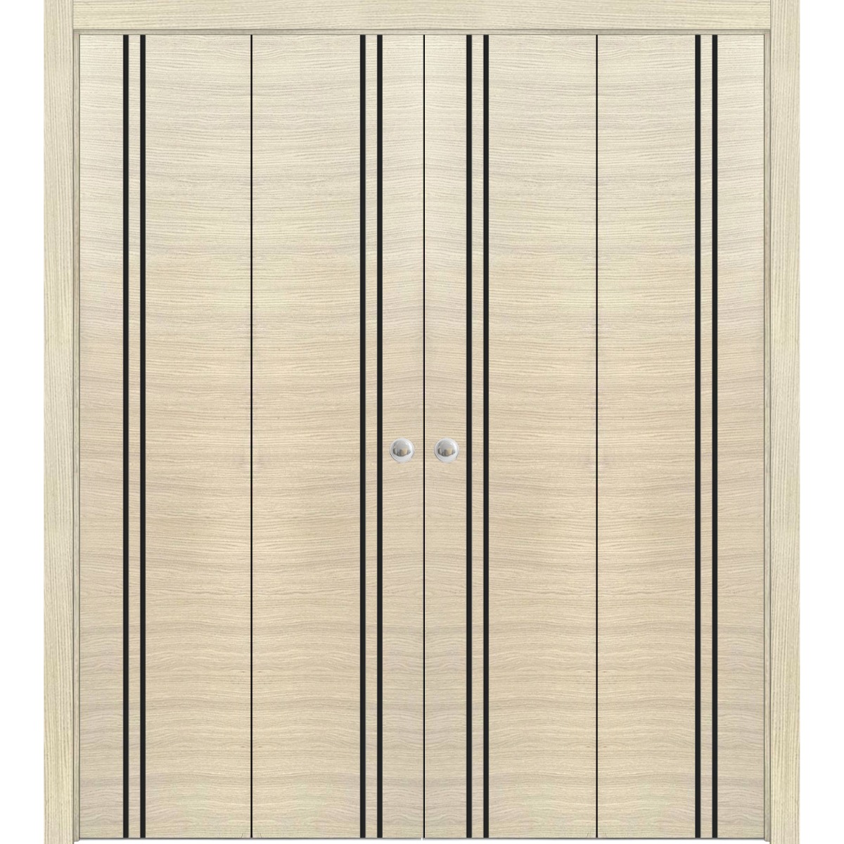 Sliding Closet Double Bi-fold Doors | Planum 0016 Walnut and Aluminum Strips | Sturdy Tracks Moldings Trims Hardware Set | Wood Solid Bedroom Wardrobe Doors Natural Veneer