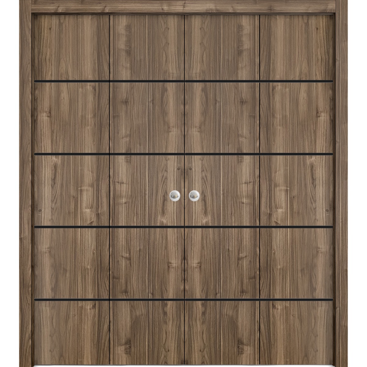 Sliding Closet Double Bi-fold Doors | Planum 0015 Concrete and Aluminum Strips | Sturdy Tracks Moldings Trims Hardware Set | Wood Solid Bedroom Wardrobe Doors Walnut