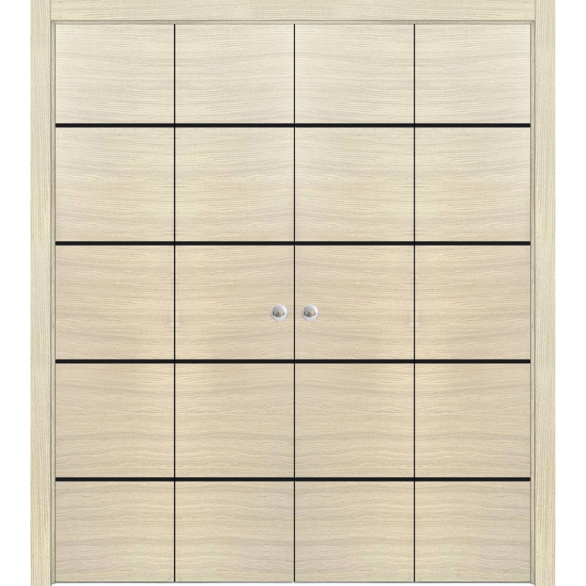 Sliding Closet Double Bi-fold Doors | Planum 0015 Concrete and Aluminum Strips | Sturdy Tracks Moldings Trims Hardware Set | Wood Solid Bedroom Wardrobe Doors Natural Veneer