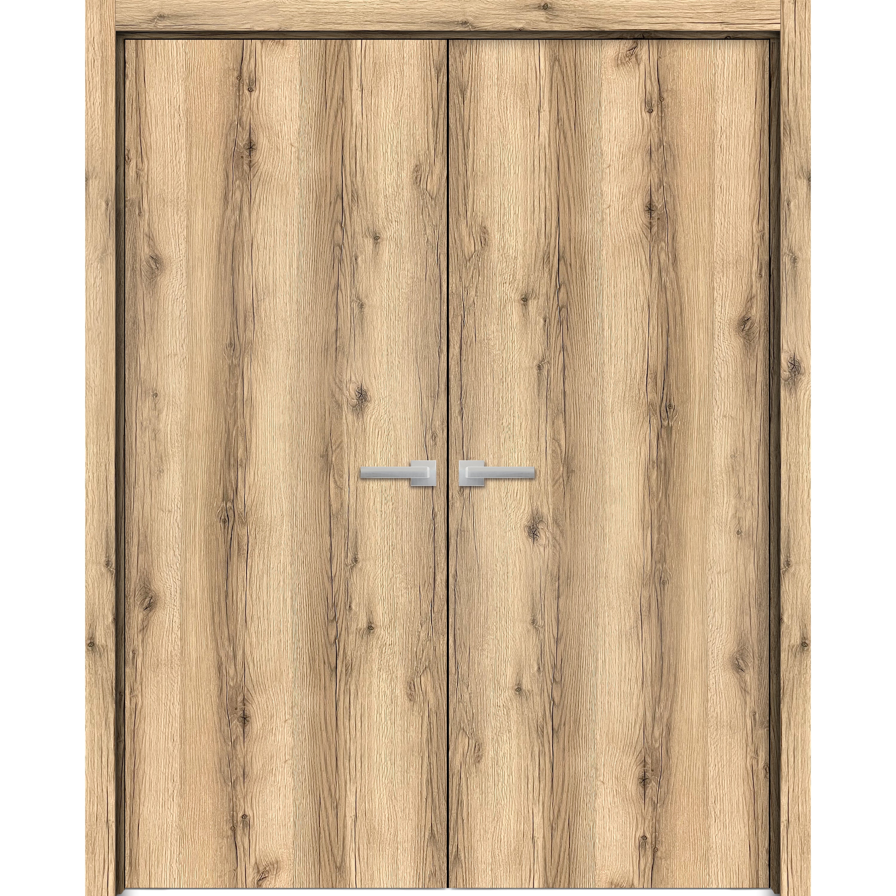 Solid French Double Doors | Planum 0010 White Silk | Wood Solid Panel Frame Trims | Closet Bedroom-72" x 84" (2* 36x84) Oak