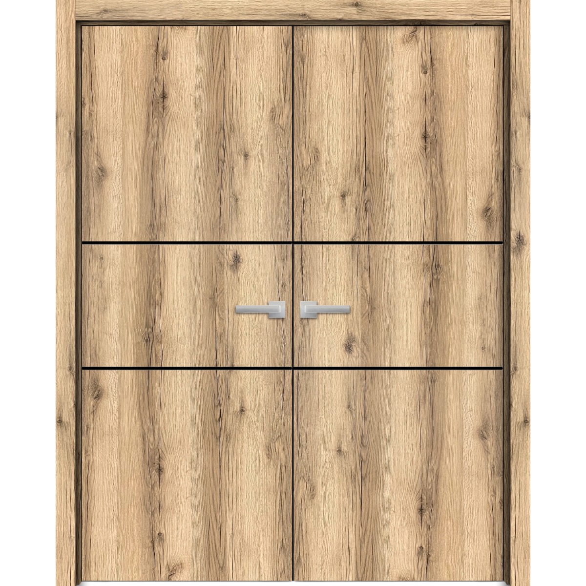 Solid French Double Doors | Planum 0014 Natural Veneer and Aluminum Strips | Wood Solid Panel Frame Trims | Closet Bedroom Sturdy Doors -48" x 96" (2* 24x96) Oak