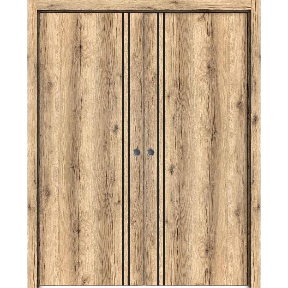 Modern Double Pocket Doors | Planum 0016 Walnut and Aluminum Strips | Kit Trims Rail Hardware | Solid Wood Interior Bedroom Sliding Closet Sturdy Door Oak