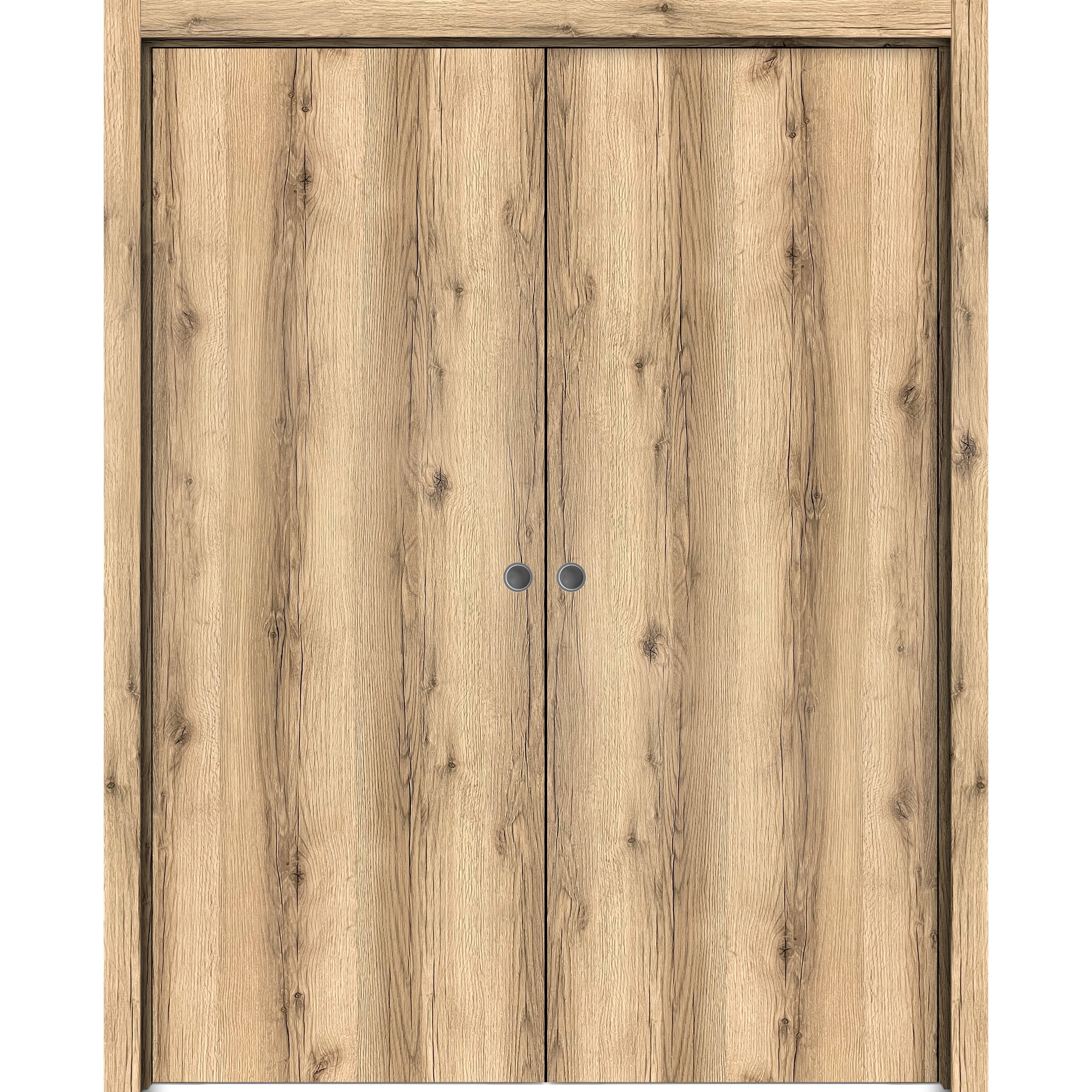 Modern Double Pocket Doors | Planum 0010 Walnut | Kit Trims Rail Hardware | Solid Wood Interior Bedroom Sliding Closet Sturdy Door-48" x 96" (2* 24x96) Oak