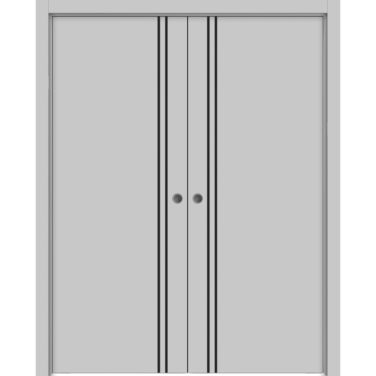Modern Double Pocket Doors | Planum 0016 Walnut and Aluminum Strips | Kit Trims Rail Hardware | Solid Wood Interior Bedroom Sliding Closet Sturdy Door Matte Grey