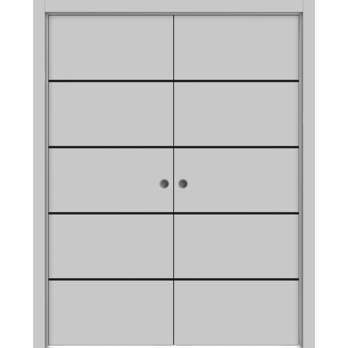 Modern Double Pocket Doors | Planum 0015 Concrete and Aluminum Strips | Kit Trims Rail Hardware | Solid Wood Interior Bedroom Sliding Closet Sturdy Door Matte Grey