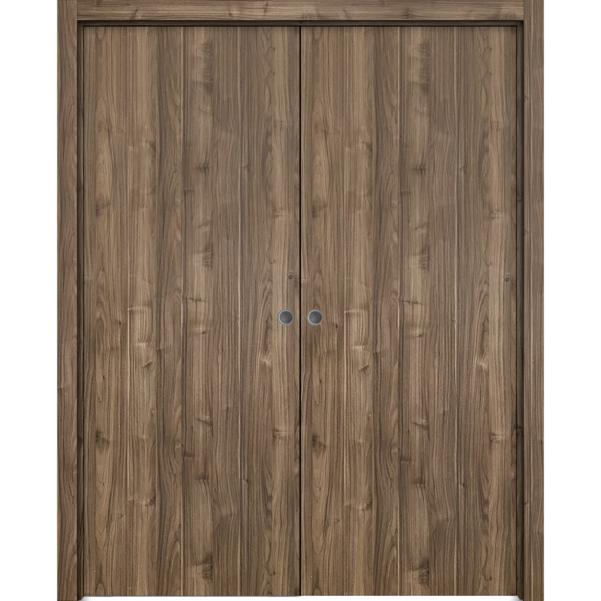 Modern Double Pocket Doors | Planum 0010 Walnut | Kit Trims Rail Hardware | Solid Wood Interior Bedroom Sliding Closet Sturdy Door-48" x 96" (2* 24x96) Walnut