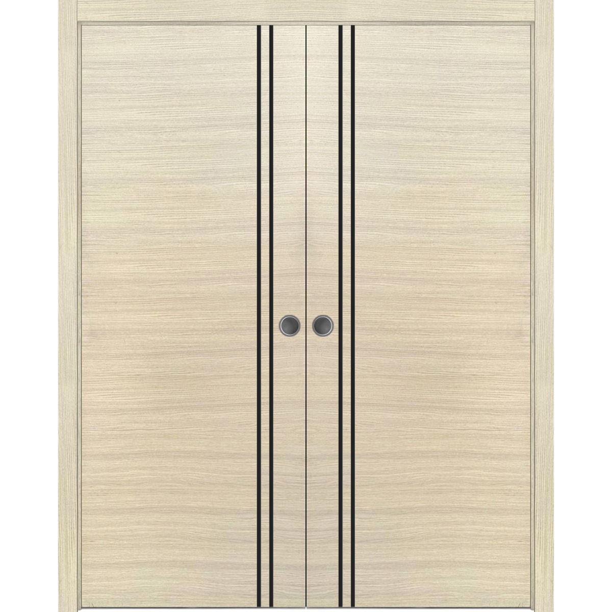 Modern Double Pocket Doors | Planum 0016 Walnut and Aluminum Strips | Kit Trims Rail Hardware | Solid Wood Interior Bedroom Sliding Closet Sturdy Door Natural Veneer