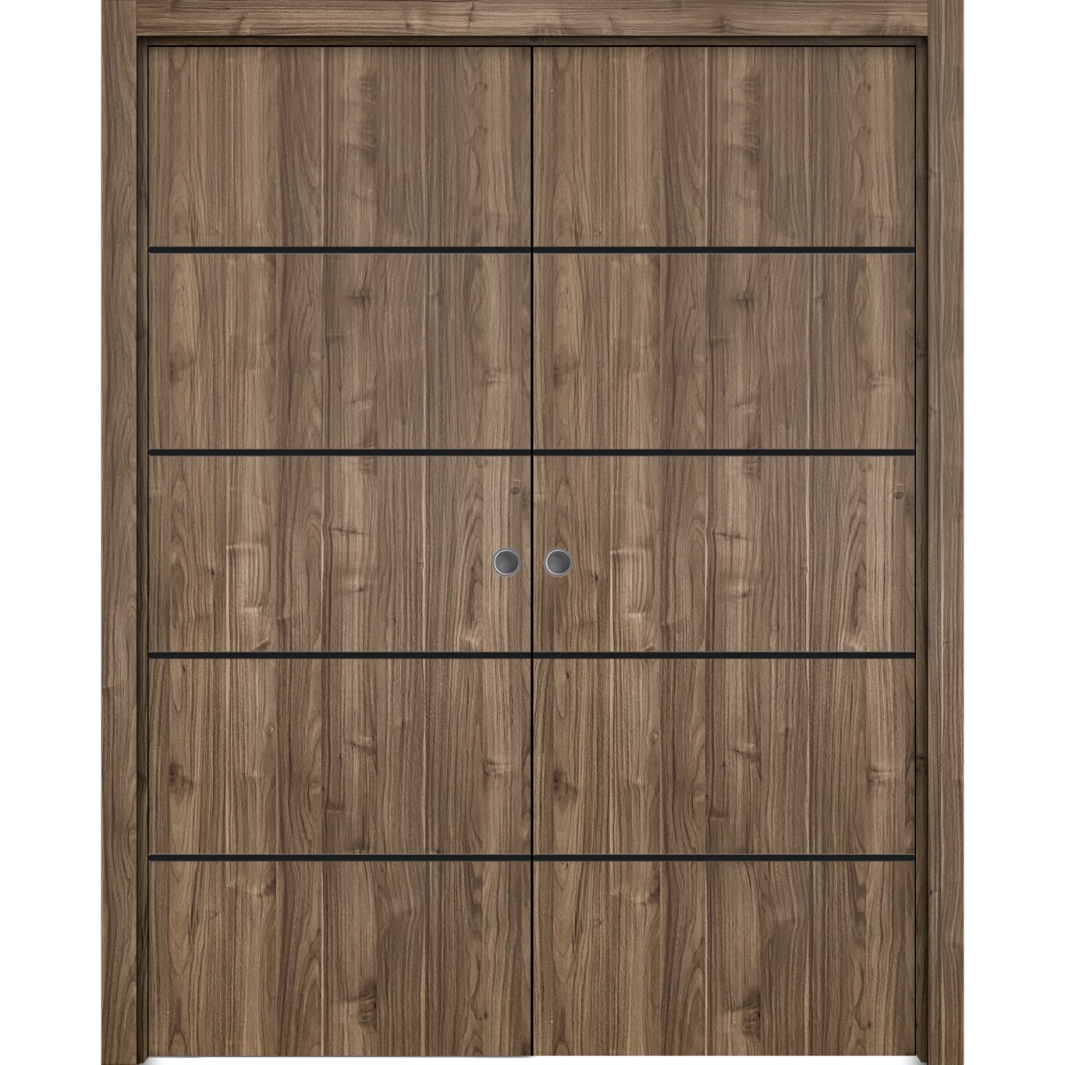 Modern Double Pocket Doors | Planum 0015 Concrete and Aluminum Strips | Kit Trims Rail Hardware | Solid Wood Interior Bedroom Sliding Closet Sturdy Door Walnut