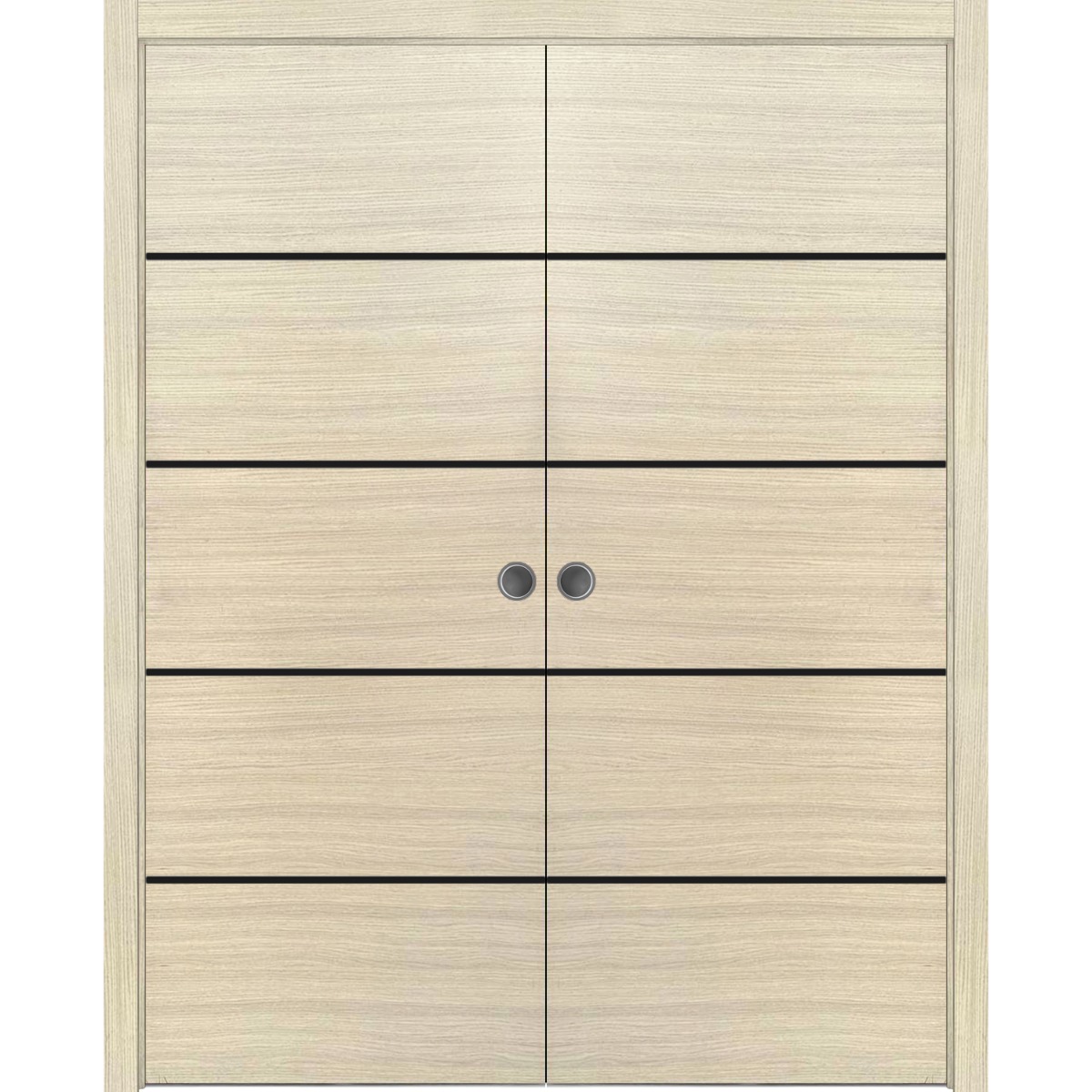 Modern Double Pocket Doors | Planum 0015 Concrete and Aluminum Strips | Kit Trims Rail Hardware | Solid Wood Interior Bedroom Sliding Closet Sturdy Door Natural Veneer