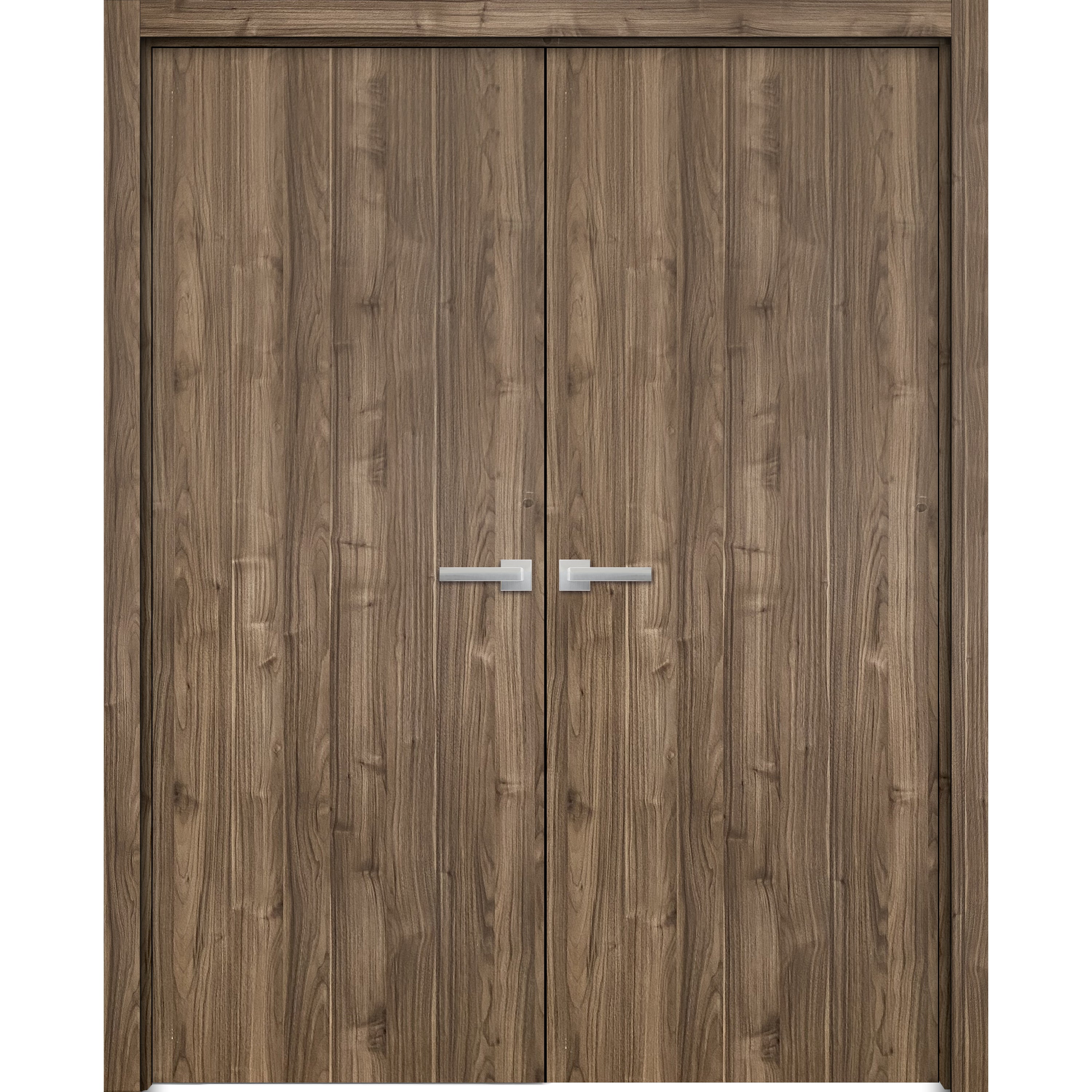 Solid French Double Doors | Planum 0010 White Silk | Wood Solid Panel Frame Trims | Closet Bedroom-72" x 84" (2* 36x84) Walnut