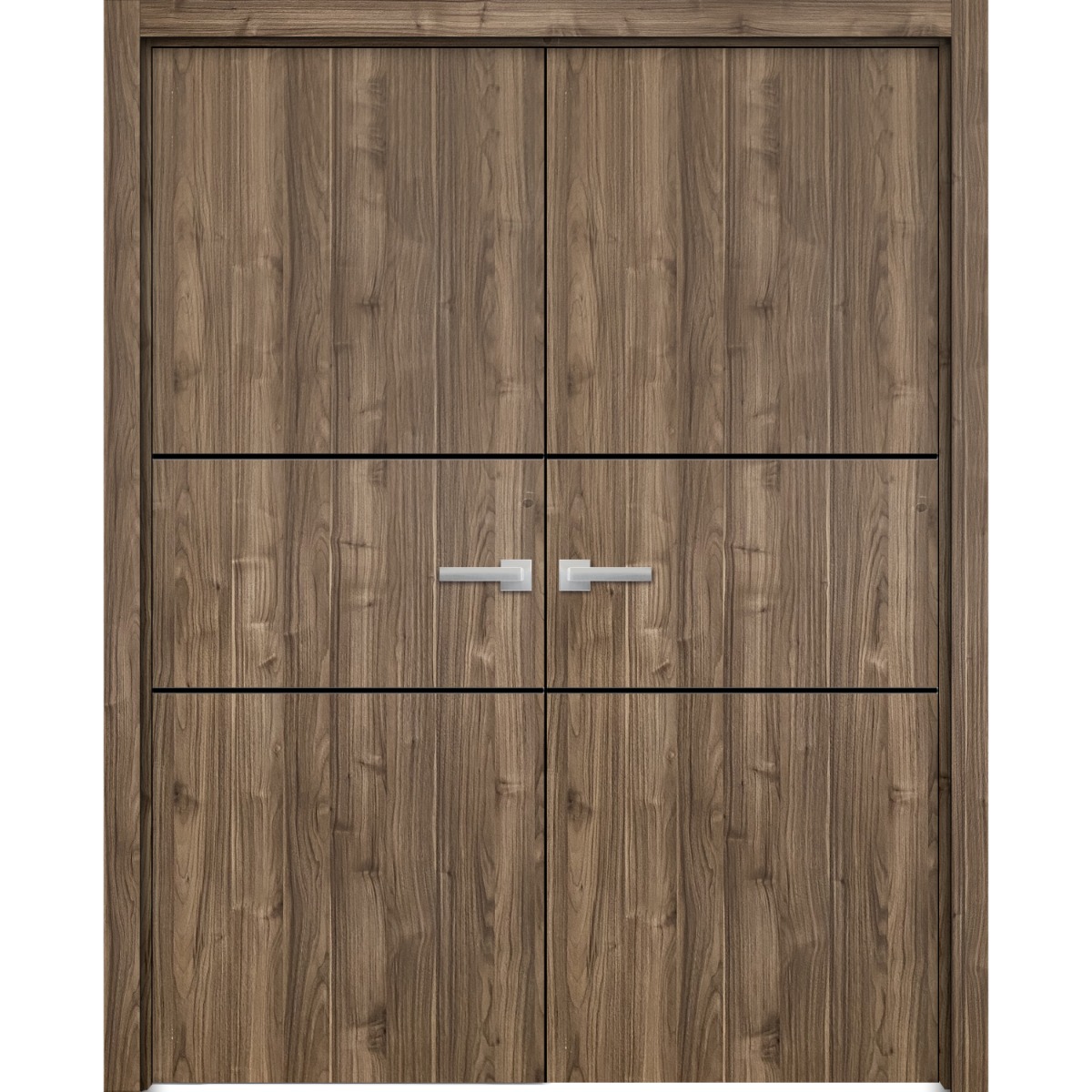 Solid French Double Doors | Planum 0014 Natural Veneer and Aluminum Strips | Wood Solid Panel Frame Trims | Closet Bedroom Sturdy Doors -48" x 96" (2* 24x96) Walnut