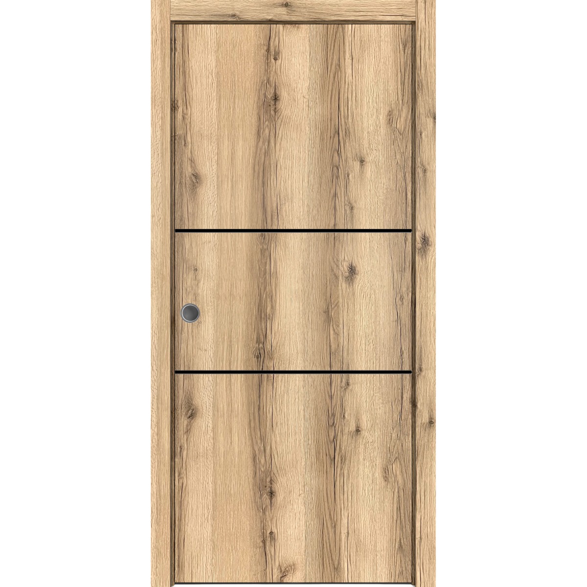 Sliding French Pocket Door with | Planum 0014 Natural Veneer and Aluminum Strips | Kit Trims Rail Hardware | Solid Wood Interior Bedroom Sturdy Doors-18" x 96" Oak