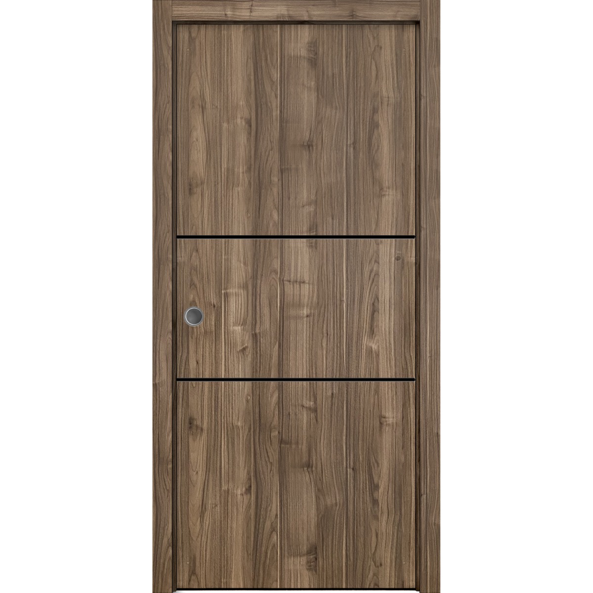 Sliding French Pocket Door with | Planum 0014 Natural Veneer and Aluminum Strips | Kit Trims Rail Hardware | Solid Wood Interior Bedroom Sturdy Doors-18" x 96" Walnut