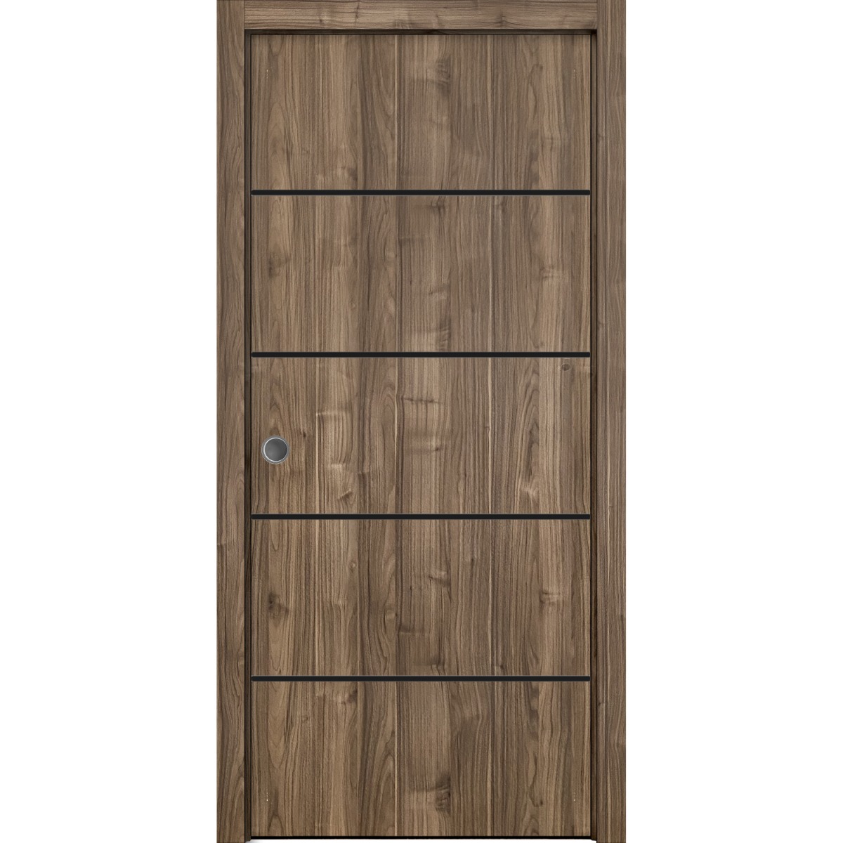 Sliding French Pocket Door with | Planum 0015 Walnut and Aluminum Strips | Kit Trims Rail Hardware | Solid Wood Interior Bedroom Sturdy Doors Walnut