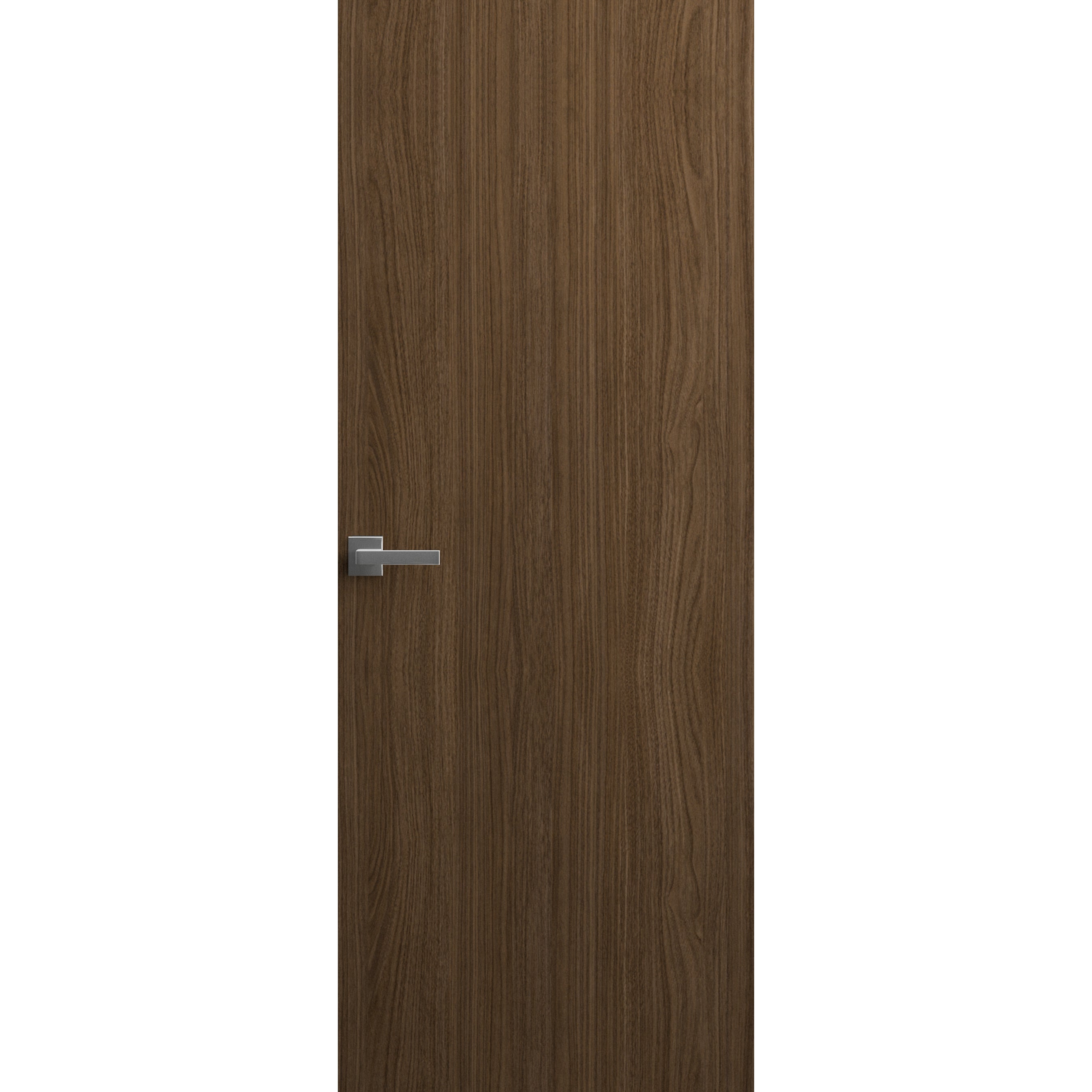 Invisible Solid Hidden Door with Handle | Planum 0010 Walnut with Black Hidden Frame 28" x 96" Left-hand Inswing Black Frame | Concealed Hinges Lock Handle | Modern Frameless Doors Walnut