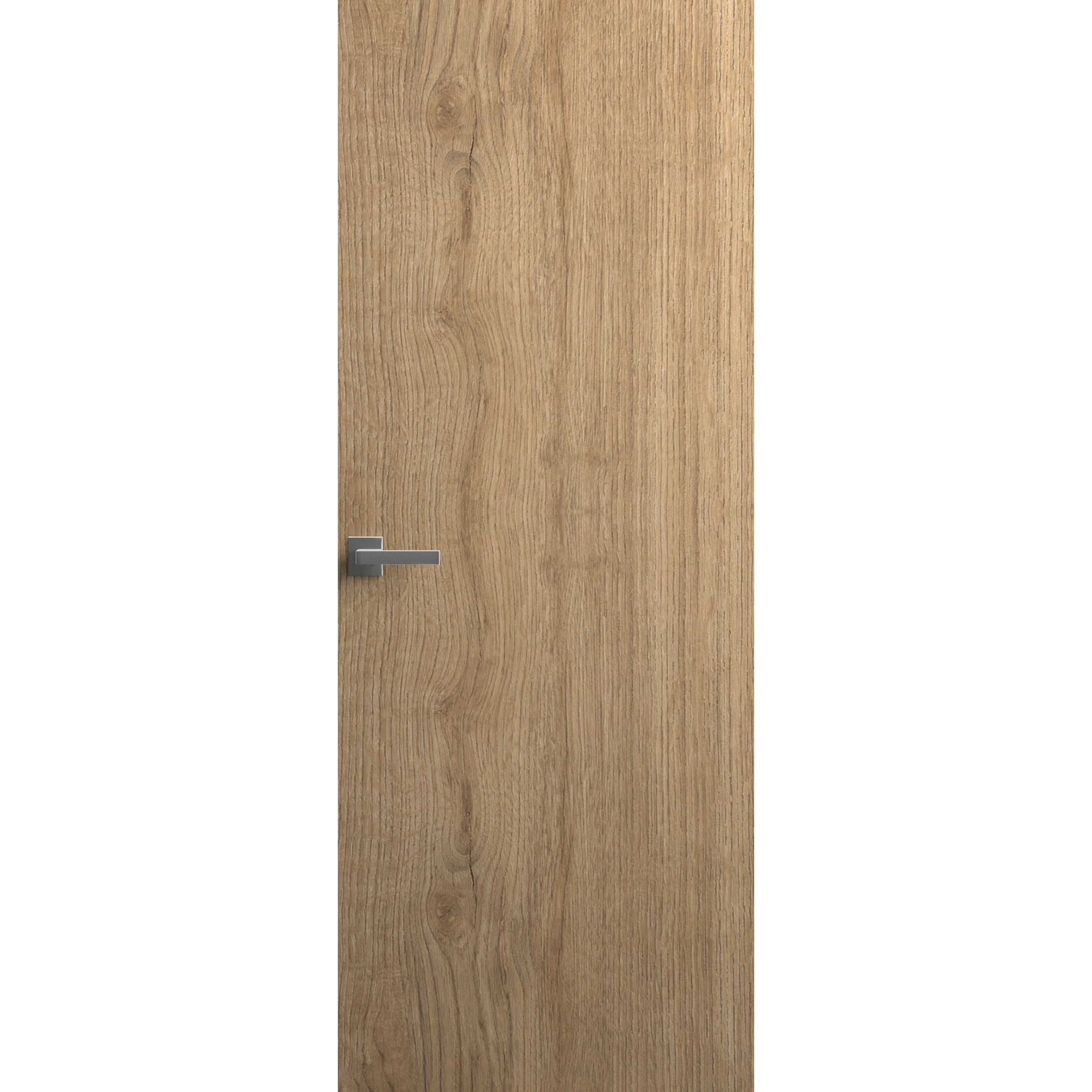 Invisible Solid Hidden Door with Handle | Planum 0010 Walnut with Black Hidden Frame 28" x 96" Left-hand Inswing Black Frame | Concealed Hinges Lock Handle | Modern Frameless Doors Split Wood