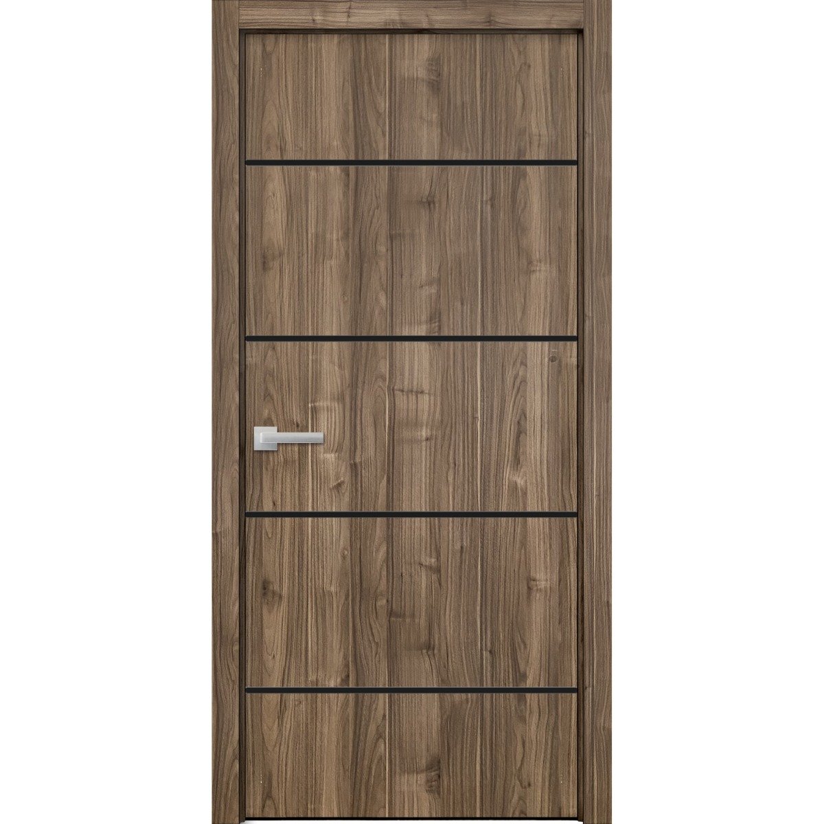 Modern Wood Interior Door with Hardware | Planum 0015 Oak and Aluminum Strips | Single Panel Frame Trims | Bathroom Bedroom Sturdy Doors-36" x 80" Walnut