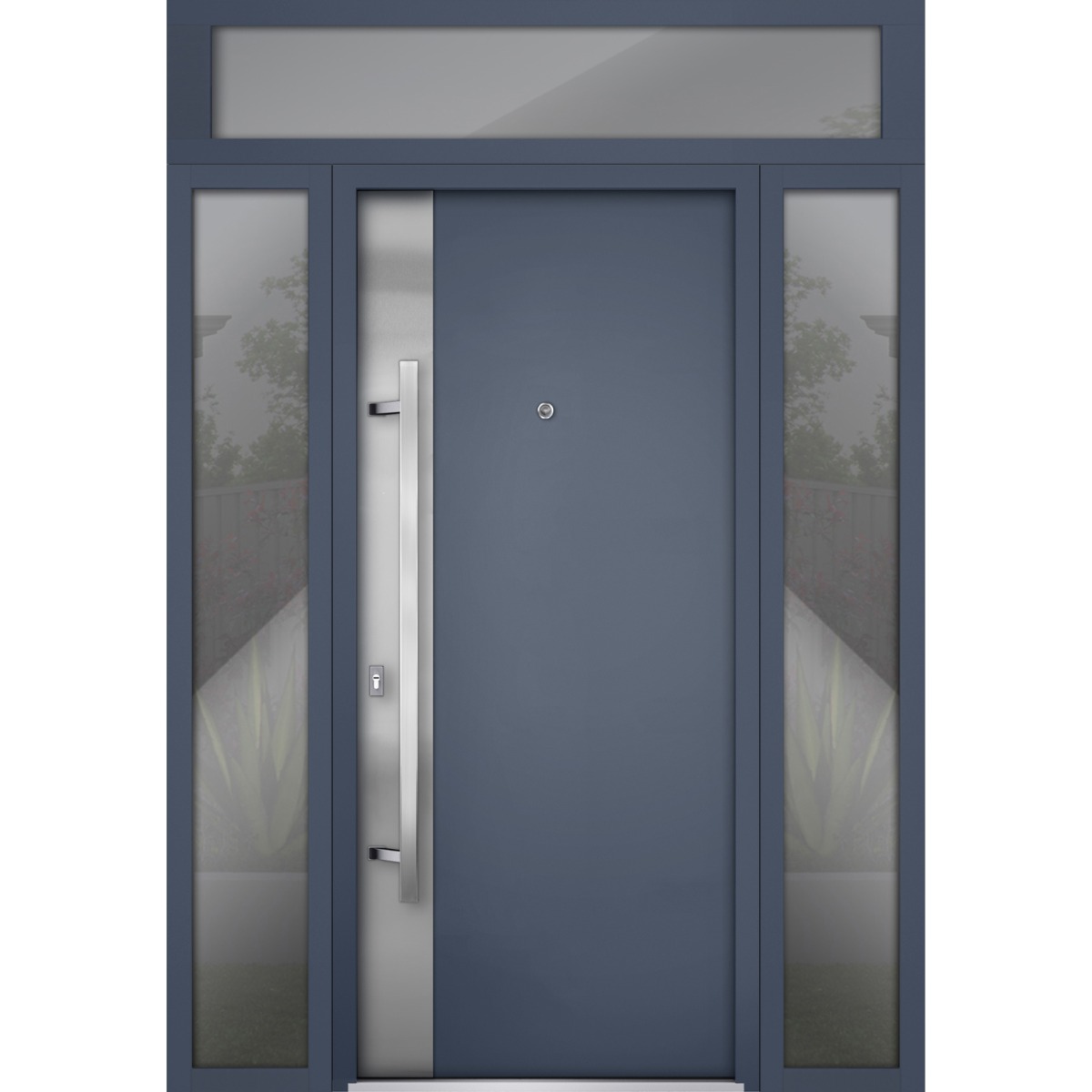 Front Exterior Prehung Steel Door / Deux 0729 Gray Graphite / 2 Sidelight and Transom Window / Stainless Inserts Single Modern Painted-W16+36+16" x H80+16"-Right-hand Inswing Gray Graphite